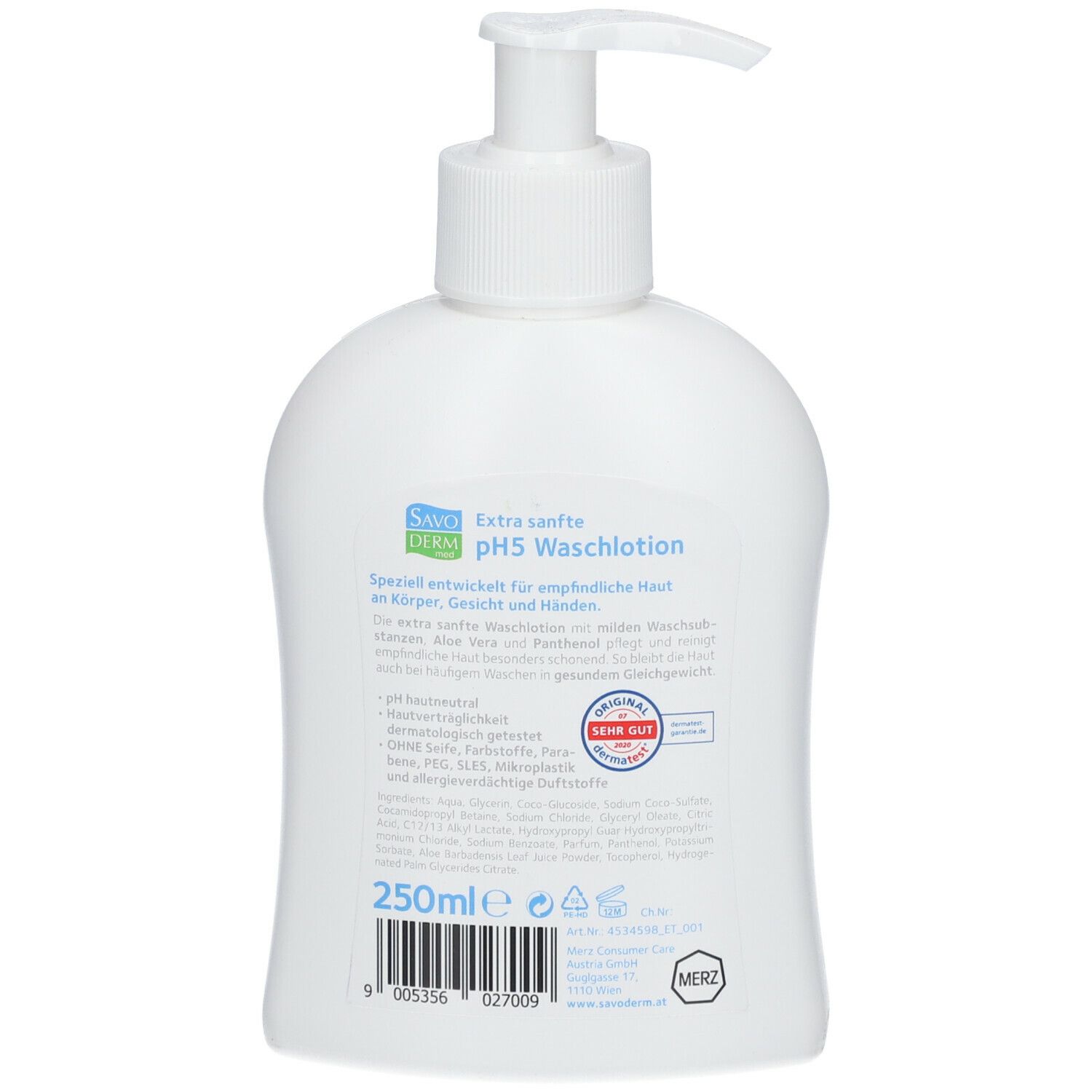 Rückseite der weißen Flasche. SAVODERM med pH5 Waschlotion, Text, Inhaltsstoffe, 250ml, Siegel.