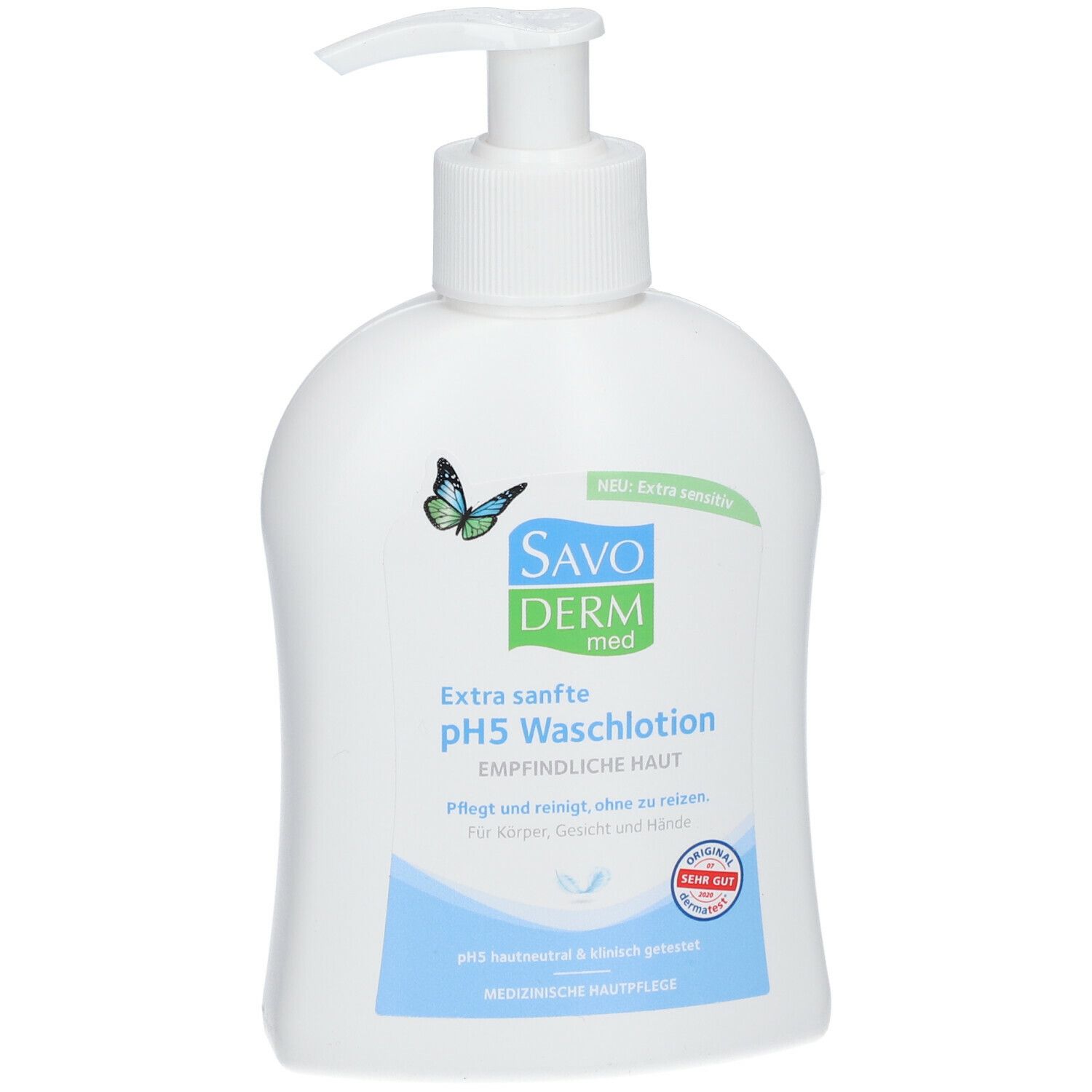 Weiße Flasche mit Pumpverschluss. SAVODERM med pH5 Waschlotion, blaue Akzente, Schmetterling-Logo.