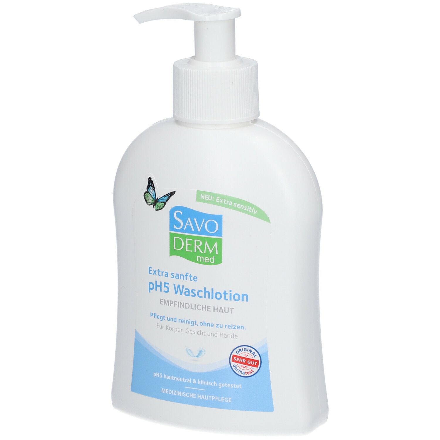 Weiße Flasche mit Pumpverschluss. SAVODERM med pH5 Waschlotion, blaue Akzente, Schmetterling-Logo.