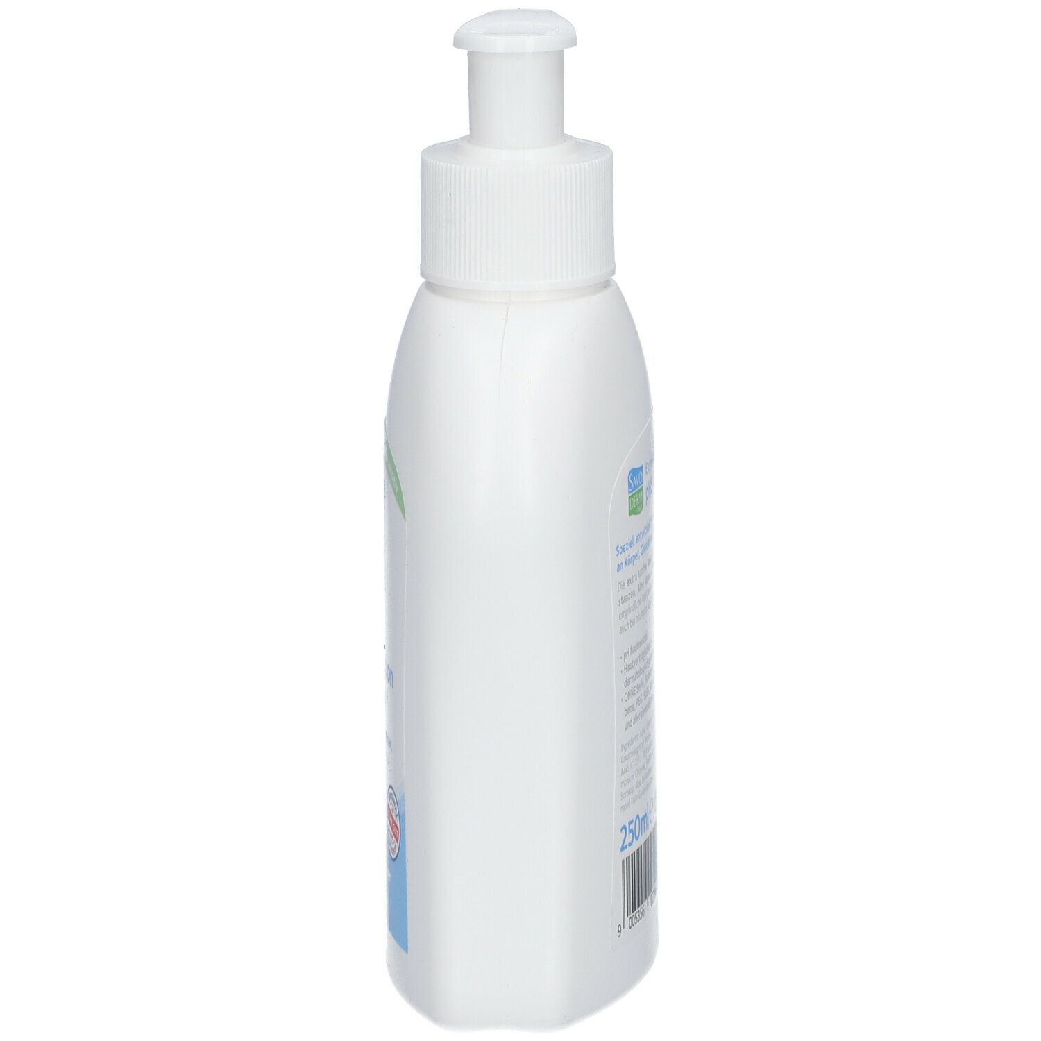 Weiße Flasche mit Pumpverschluss. SAVODERM med pH5 Waschlotion, 250ml, Seitenansicht.