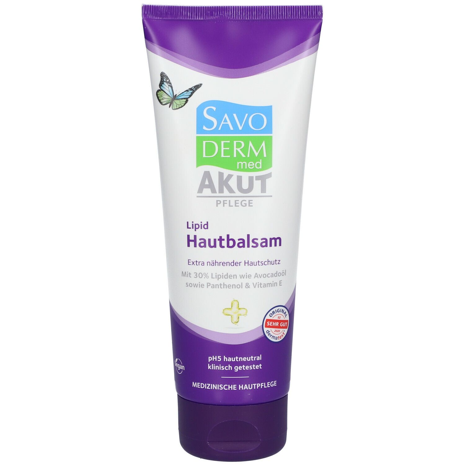 Weiß-violette Tube SAVODERM Akut Lipid Hautbalsam. Logo mit Schmetterling. Text: Lipid Hautbalsam, pH-neutral, klinisch getestet.