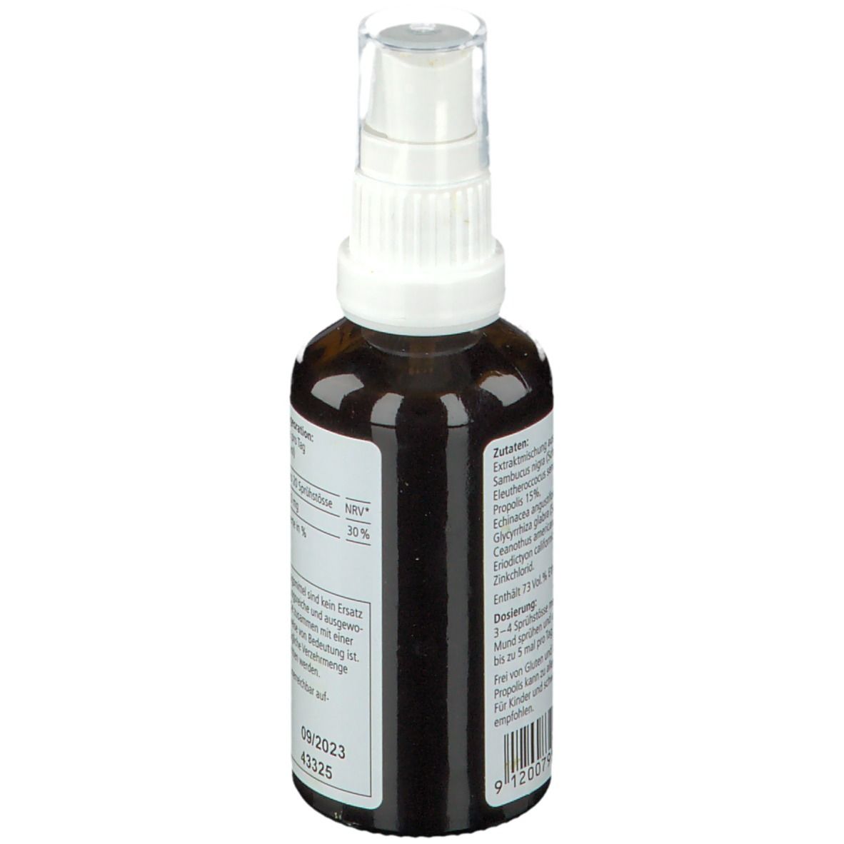Rückseite der Flasche. Text mit Inhaltsstoffen und Dosierung. Hersteller: HERBAMED AG.