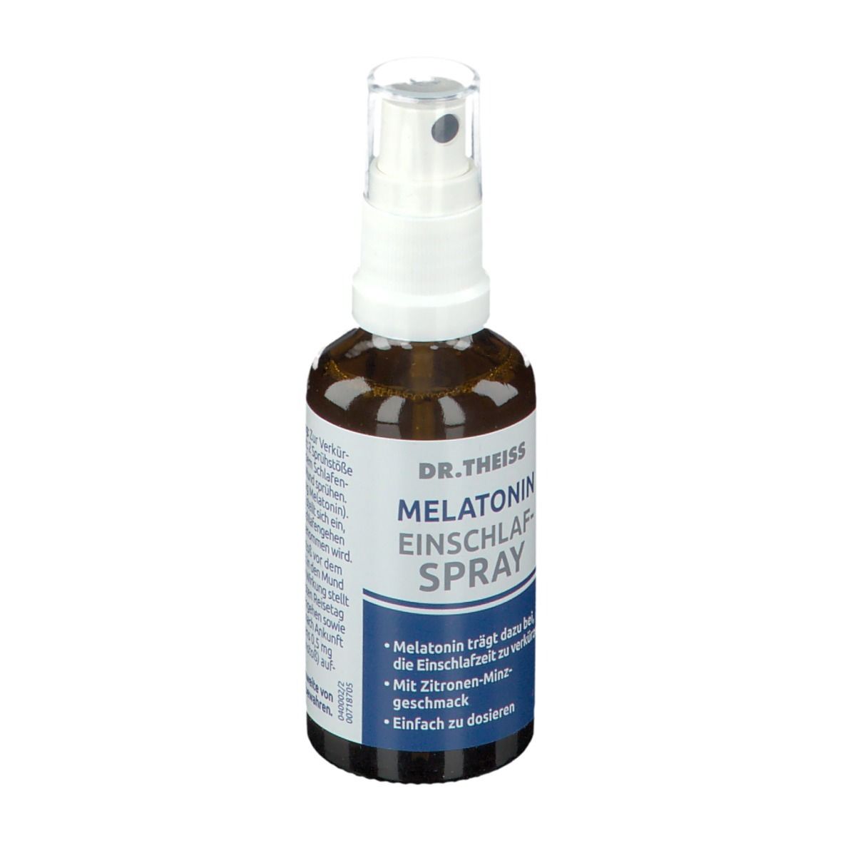 Braune Sprühflasche mit weißem Sprühkopf. Beschriftung: DR. THEISS MELATONIN EINSCHLAFSPRAY. Blaue Banderole mit Text.