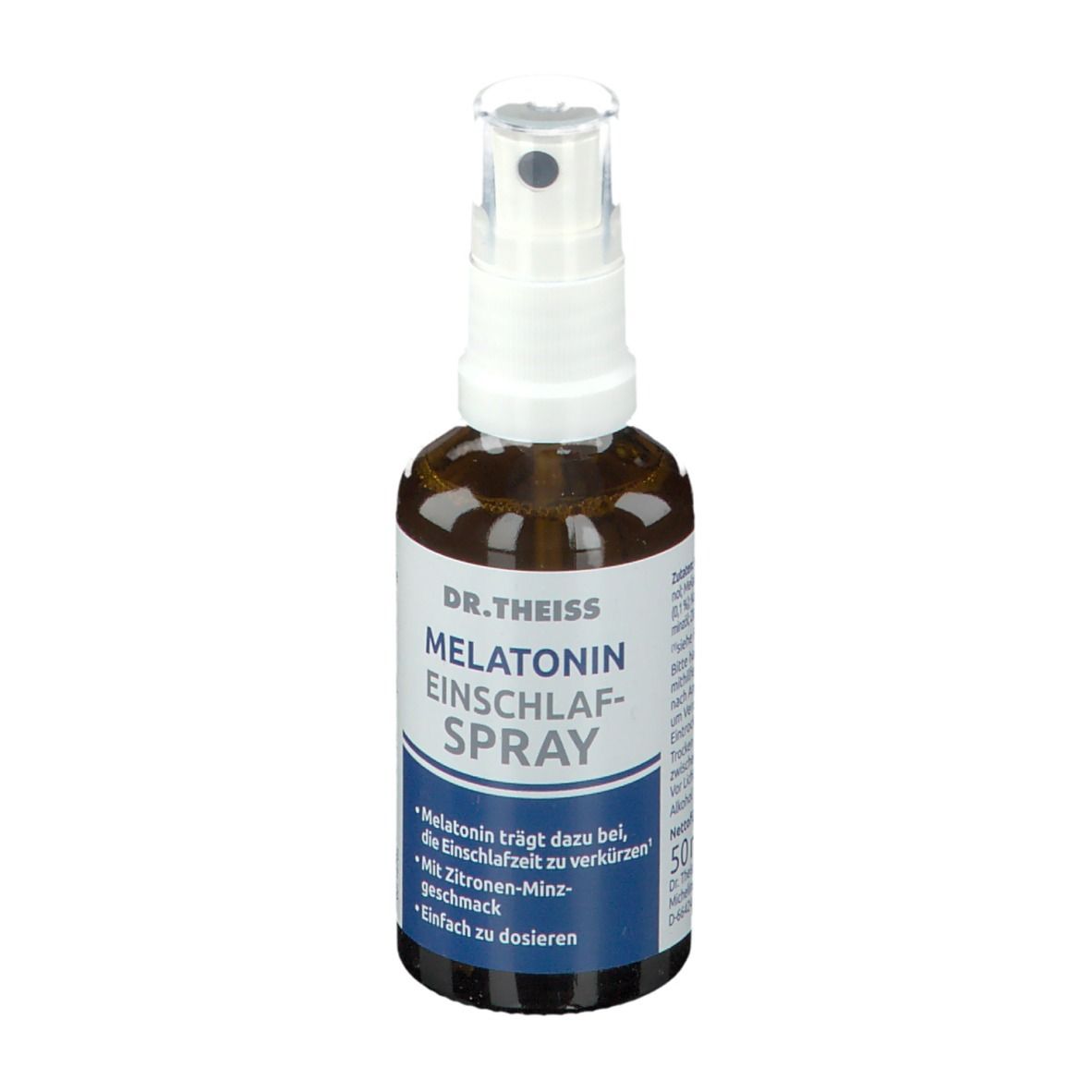 Braune Sprühflasche mit weißem Sprühkopf. Beschriftung: DR. THEISS MELATONIN EINSCHLAFSPRAY. Blaue Banderole mit Text.