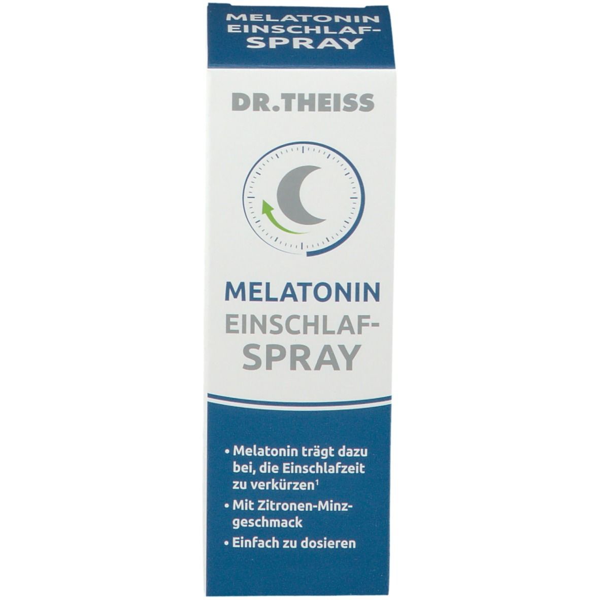 Hohe, weiße Verpackung mit blauem Streifen. Beschriftung: MELATONIN EINSCHLAFSPRAY. Logo mit Mond. Text mit Produktinformationen.