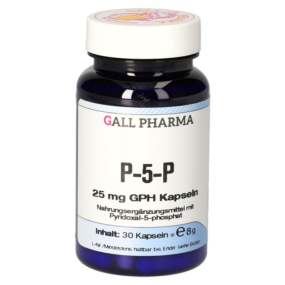 Blaue Flasche mit weißen Deckel. Aufschrift: GALL PHARMA, P-5-P 25 mg GPH Kapseln. Inhalt: 30 Kapseln.