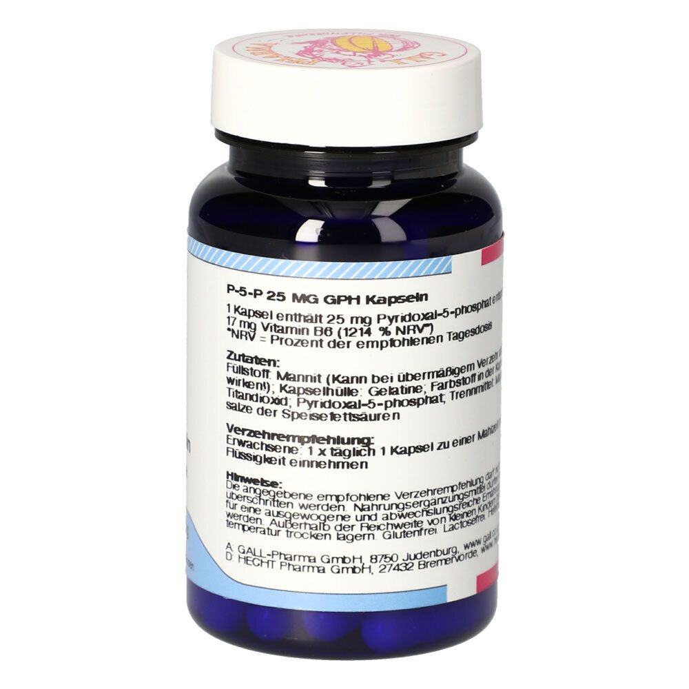 Rückseite der blauen Flasche. Text: P-5-P 25 mg GPH Kapseln. Zutaten, Verzehrempfehlung, Hinweise. Weißes Etikett.