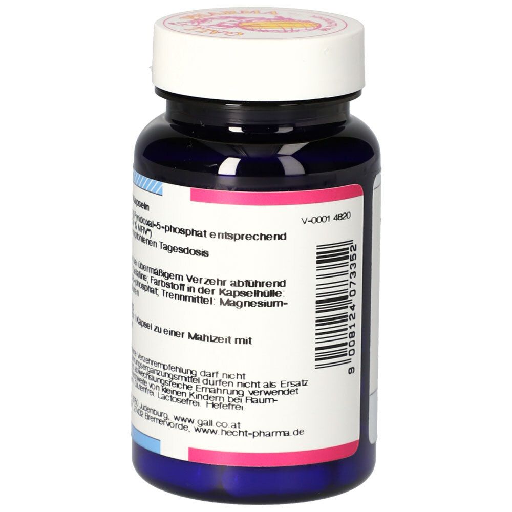 Rückseite der blauen Flasche. Text und Barcode. Weißes Etikett. Herstellerinformationen. Rosa und blaue Streifen.