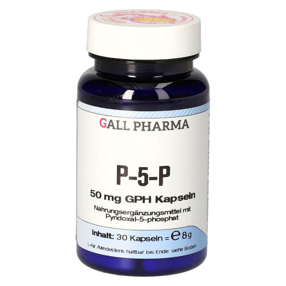 Blaue Flasche mit weißen Deckel. Aufschrift: GALL PHARMA, P-5-P 50 mg, 30 Kapseln. Nahrungsergänzungsmittel.