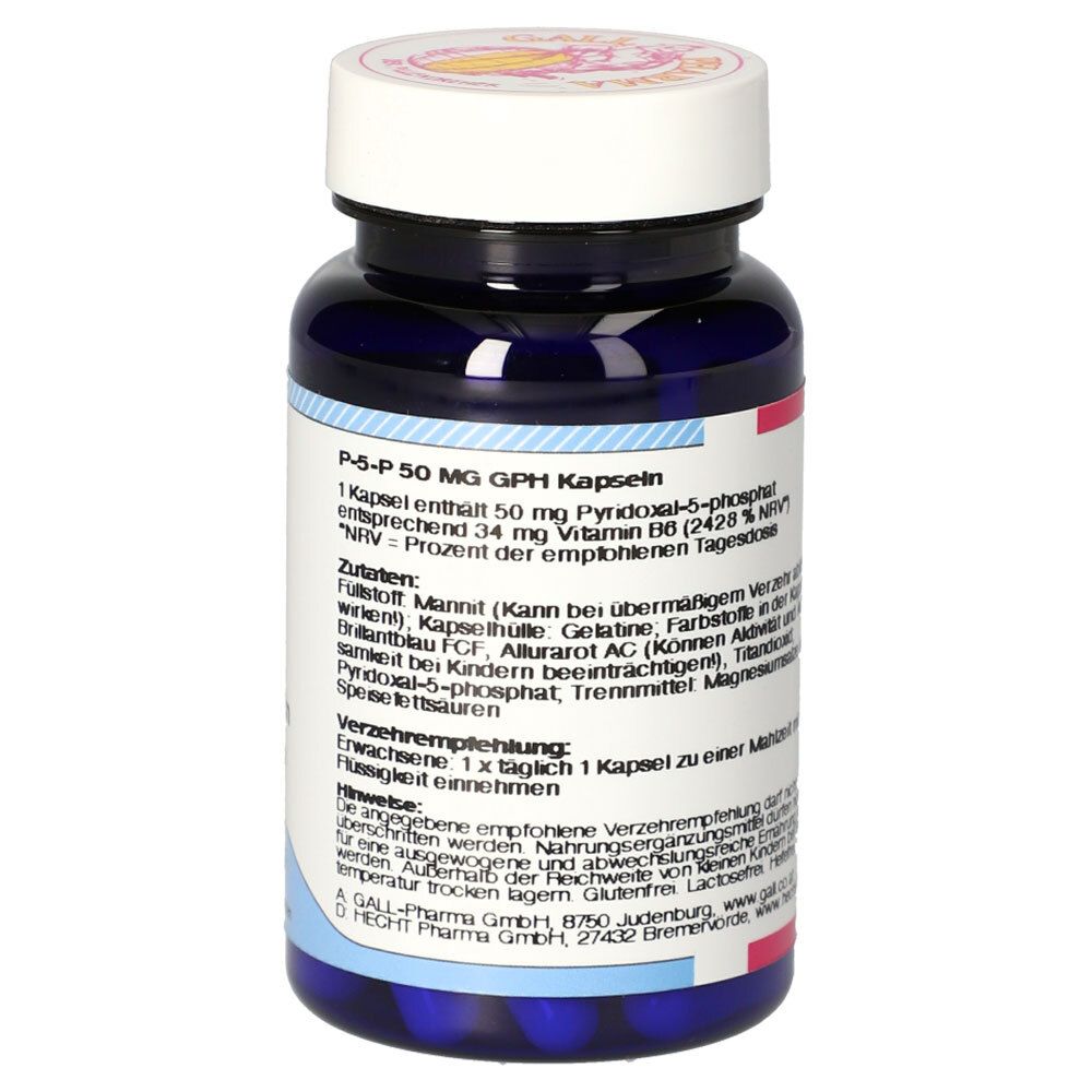 Blaue Flasche mit weißen Deckel. Aufschrift: GALL PHARMA, P-5-P 50 mg. Rückseite mit Inhaltsstoffen und Verzehrempfehlung.
