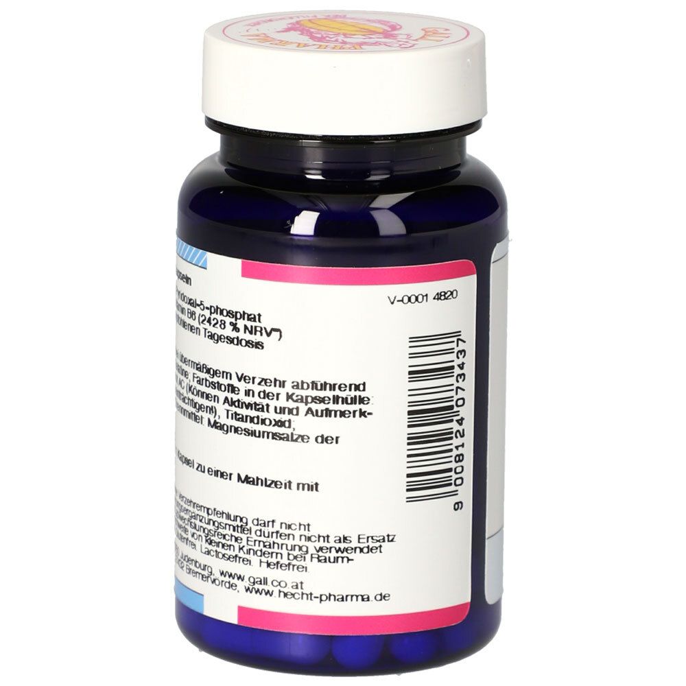 Blaue Flasche mit weißen Deckel. Rückseite mit Text und Barcode. Rosa und blaue Etiketten.