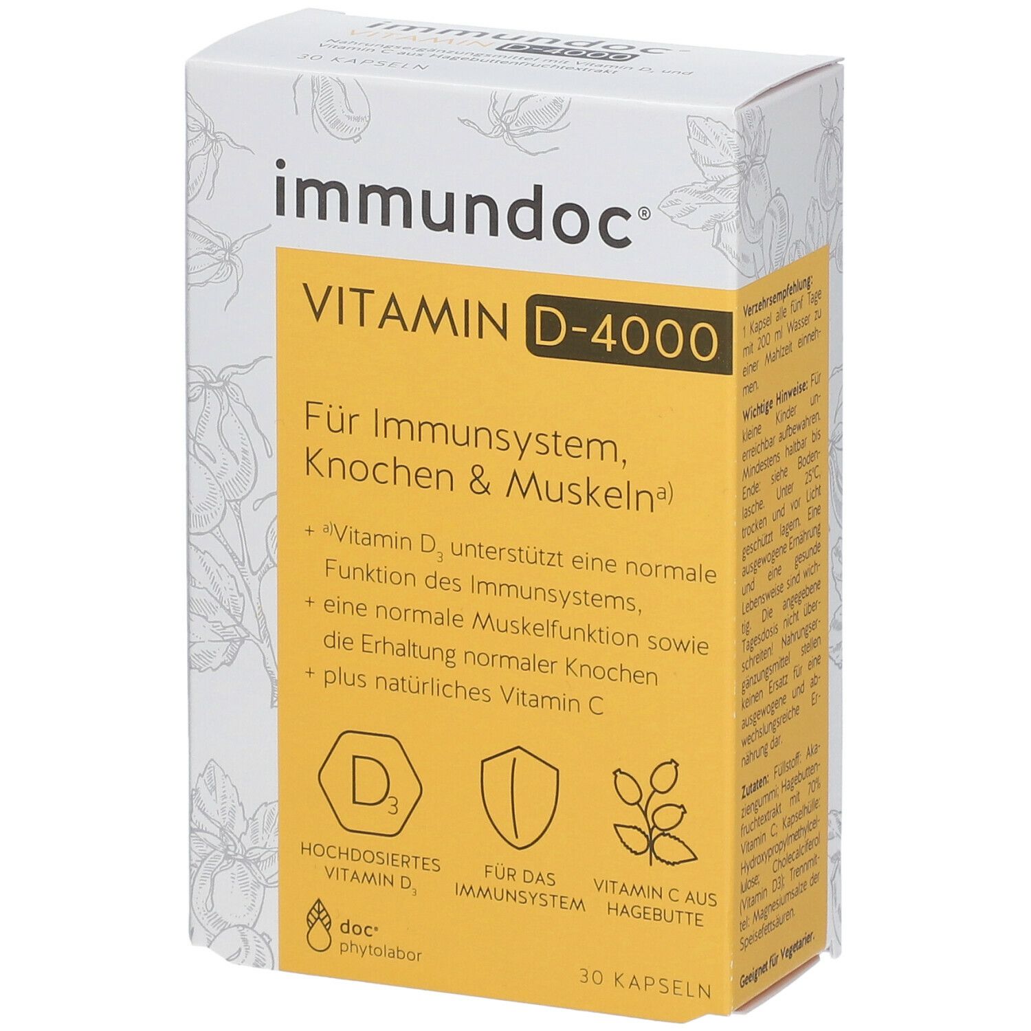 Verpackung von immundoc VITAMIN D-4000. Gelbe Schrift auf weißem Hintergrund. Enthält 30 Kapseln.