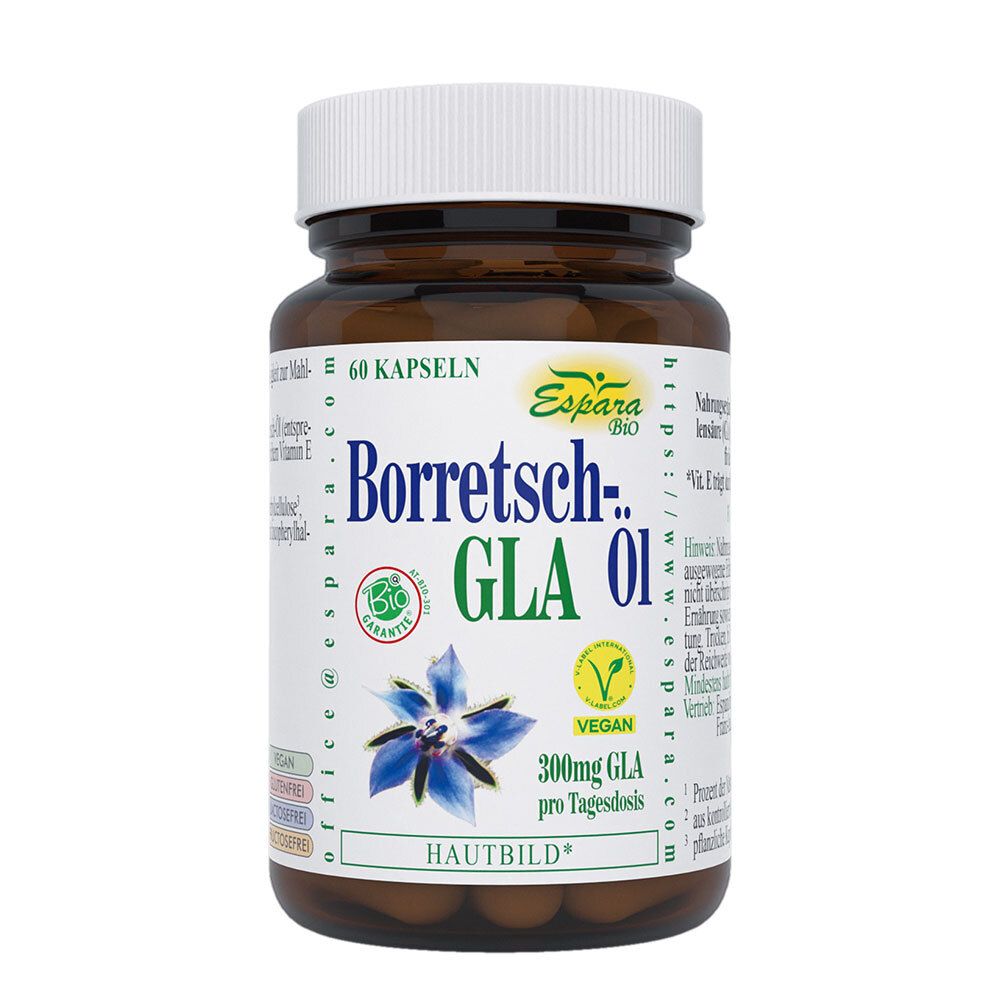 Braune Glasflasche mit weißen Deckel. Aufschrift: Borretschöl-GLA Öl, 60 Kapseln, vegan, Bio-Siegel.