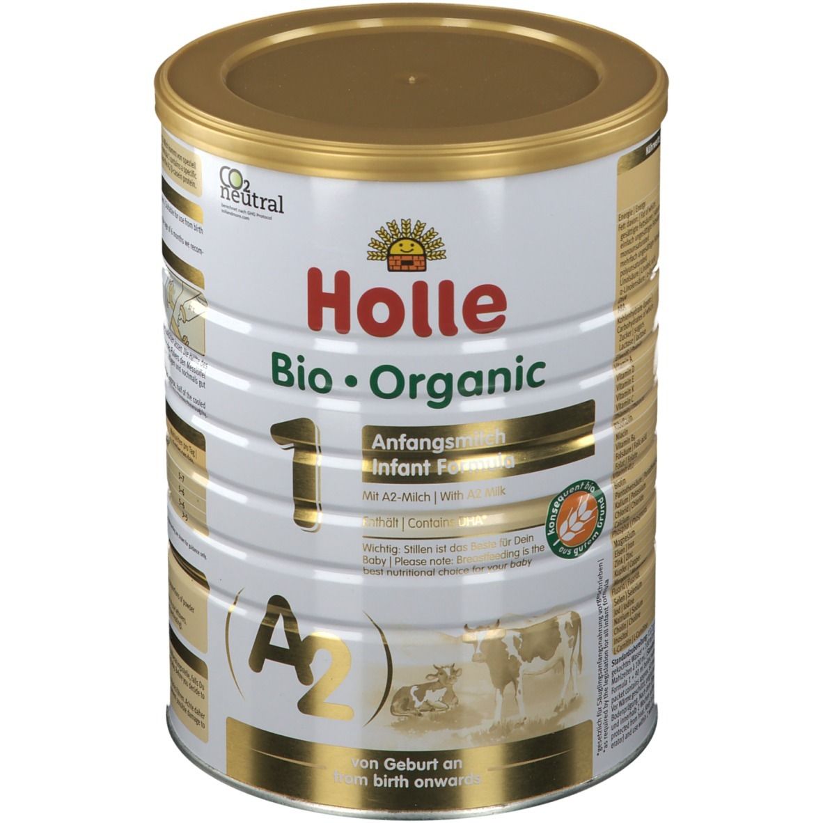 Holle Bio 1 Anfangsmilch A2 Dose. Goldener Deckel, weißes Etikett mit Produktinformationen und Logo.