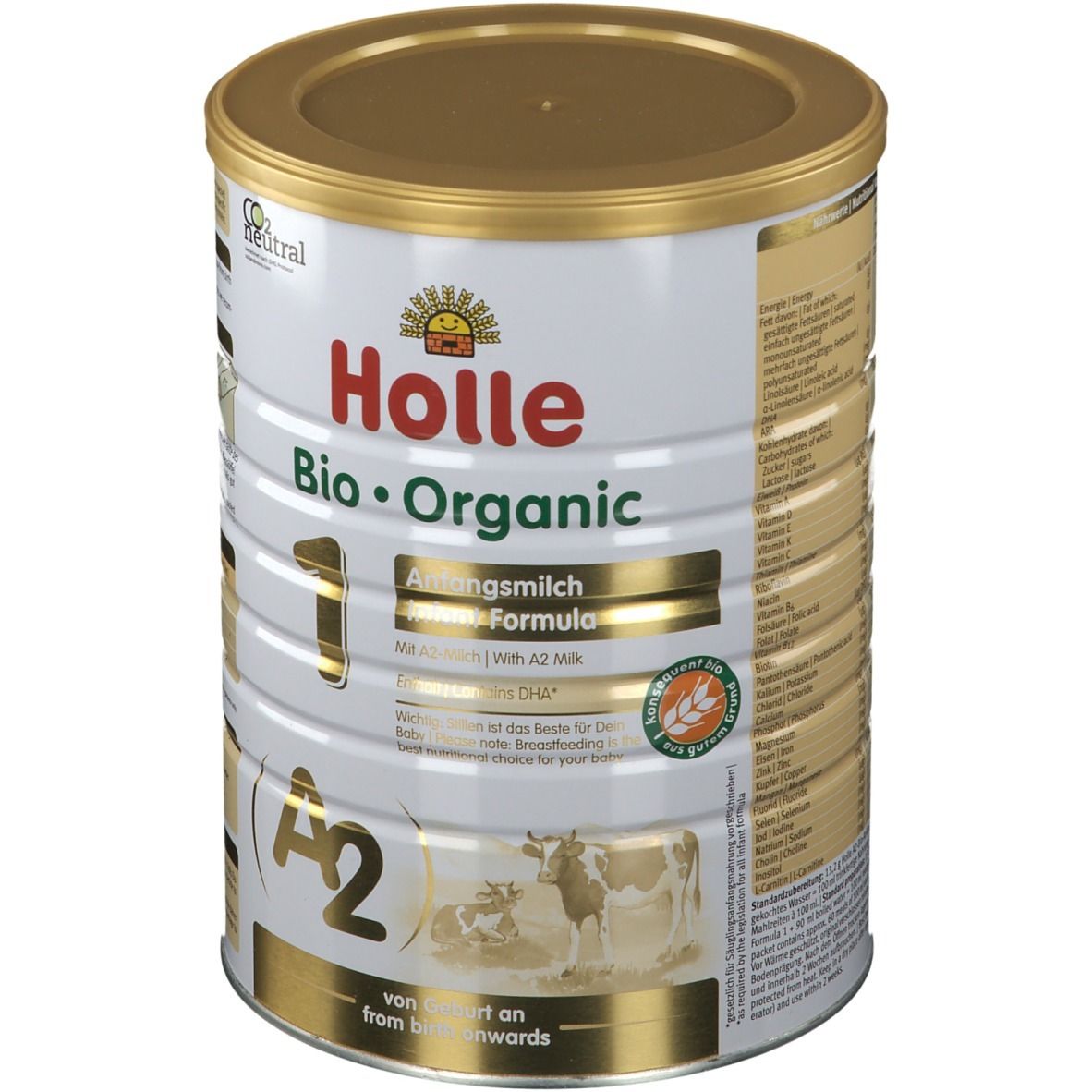 Holle Bio 1 Anfangsmilch A2 Dose. Goldener Deckel, weißes Etikett mit Produktinformationen und Logo.
