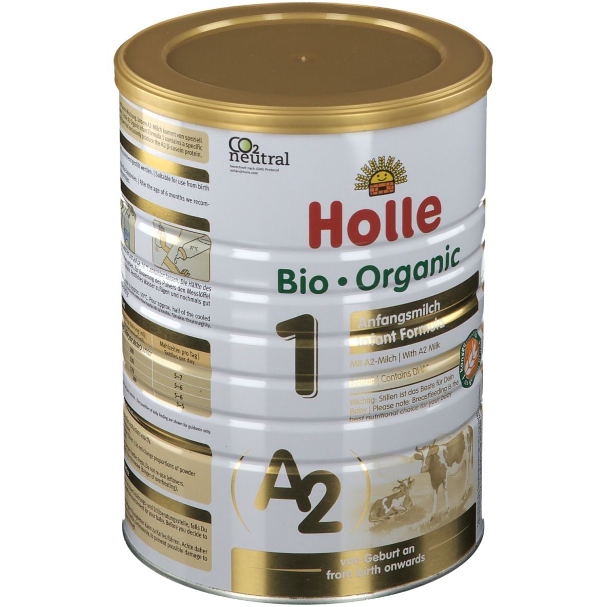 Holle Bio 1 Anfangsmilch A2 Dose. Goldener Deckel, weißes Etikett mit Produktinformationen und Logo.