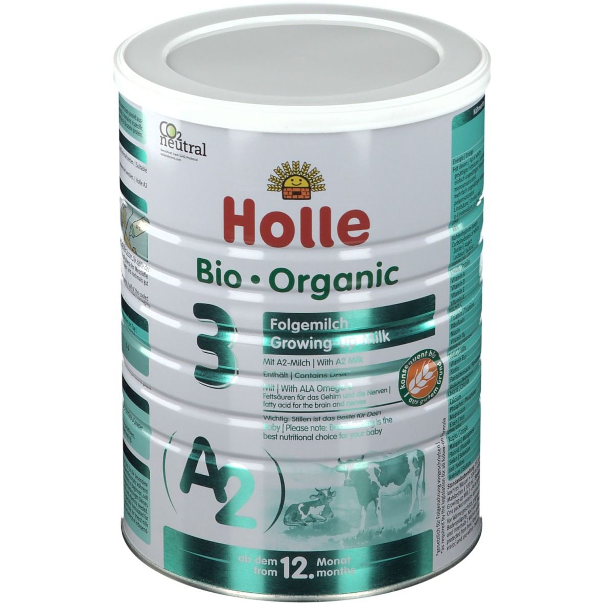 Dose Holle Bio 3 Folgemilch, weißer Deckel, grüne und weiße Beschriftung. CO2 neutral.