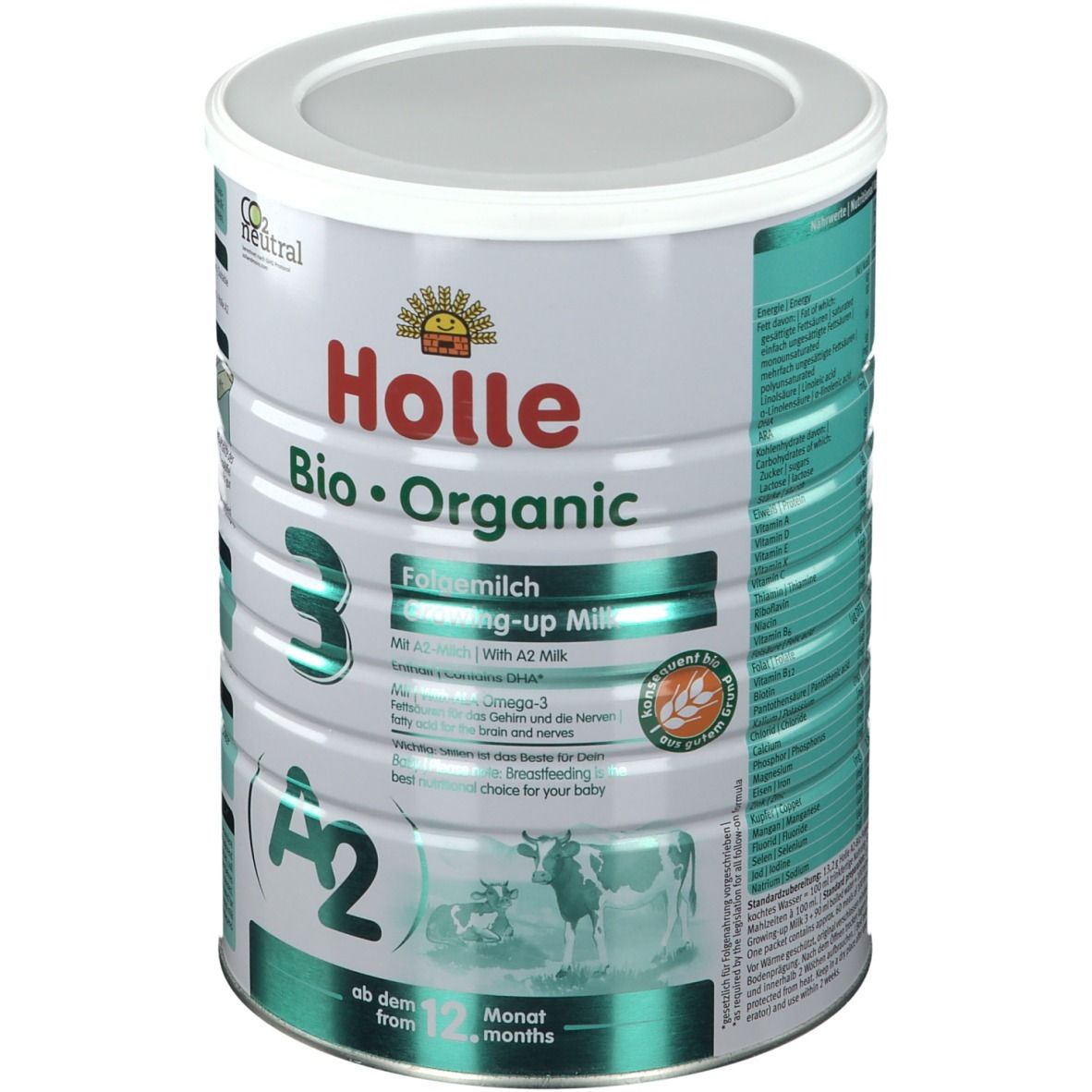 Dose Holle Bio 3 Folgemilch, weißer Deckel, grüne und weiße Beschriftung. CO2 neutral.