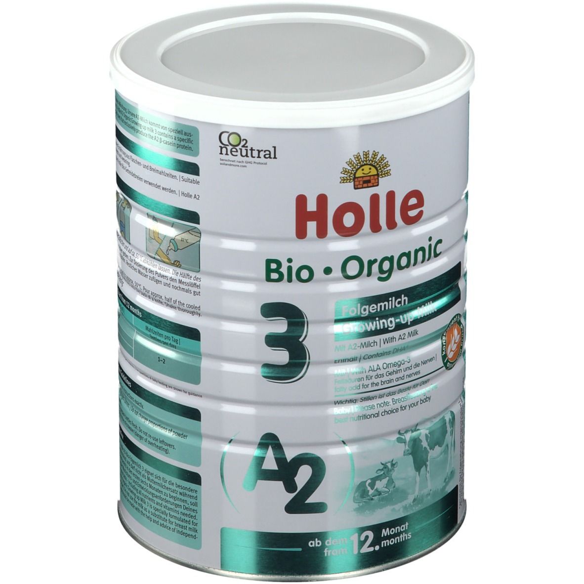 Dose Holle Bio 3 Folgemilch, weißer Deckel, grüne und weiße Beschriftung. CO2 neutral.