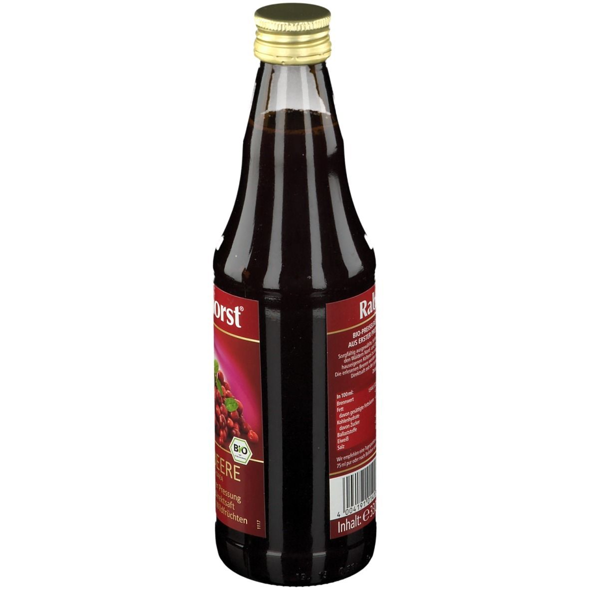 Rückansicht einer Glasflasche mit rotem Saft. Etikett mit Text und Barcode. BIO-Siegel. Goldfarbener Verschluss.