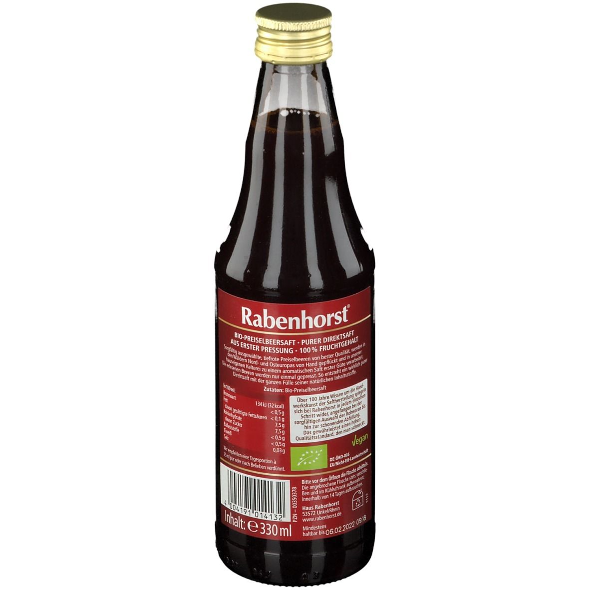 Rückansicht einer Glasflasche mit rotem Saft. Etikett mit Text und Barcode. BIO-Siegel. Goldfarbener Verschluss. 330ml.