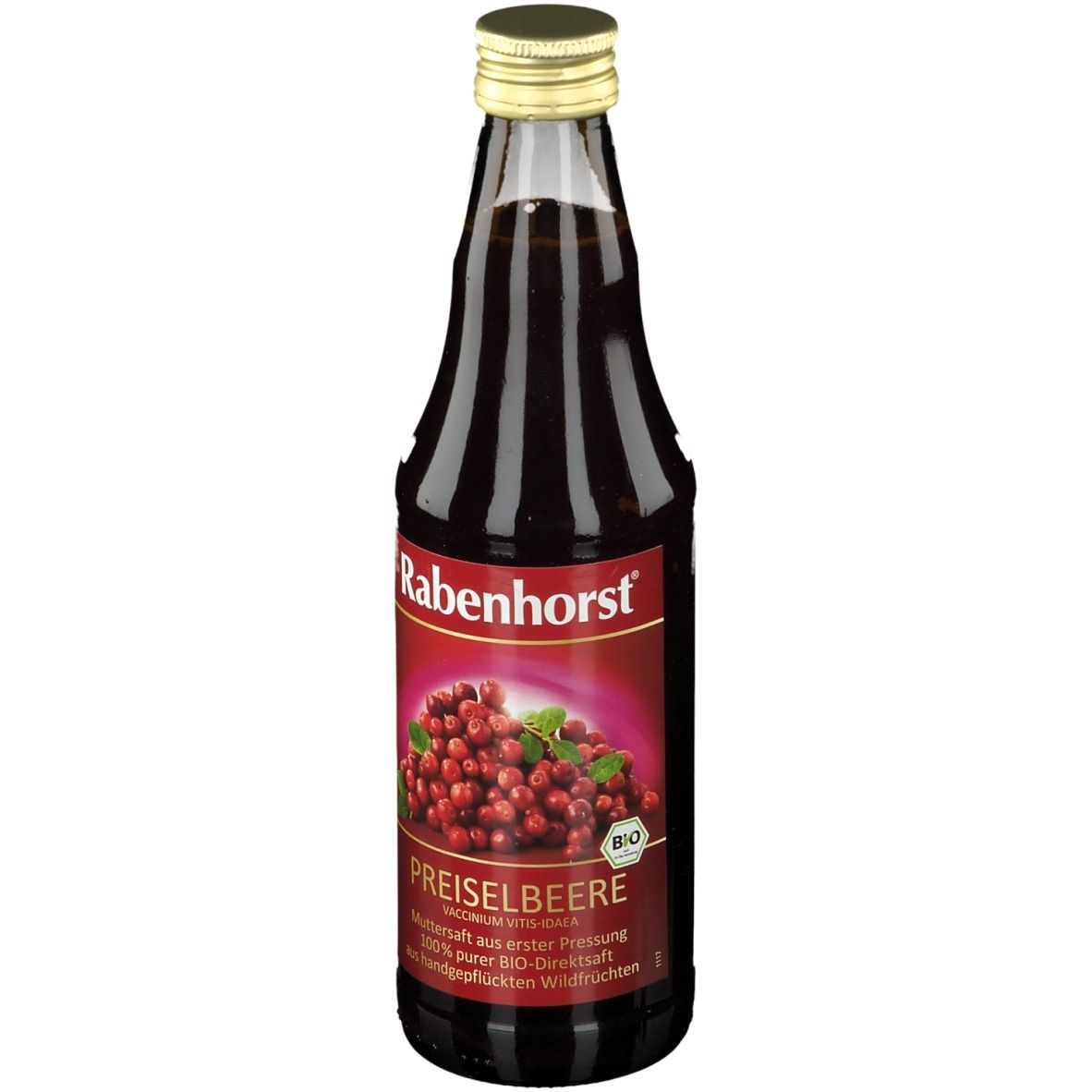 Glasflasche mit rotem Saft. Etikett mit "Rabenhorst PREISELBEERE". BIO-Siegel. Goldfarbener Verschluss.