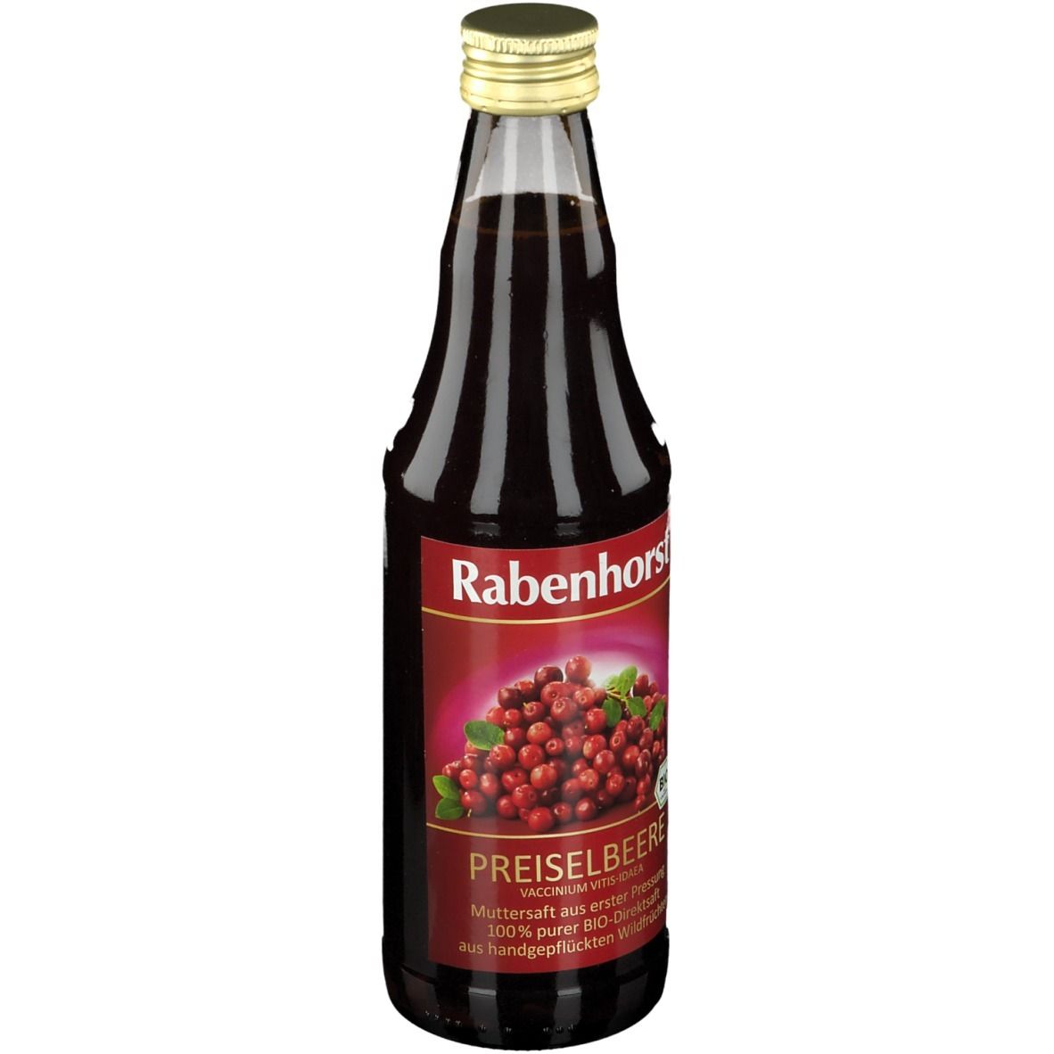 Glasflasche mit rotem Saft. Etikett mit "Rabenhorst PREISELBEERE". BIO-Siegel. Goldfarbener Verschluss.