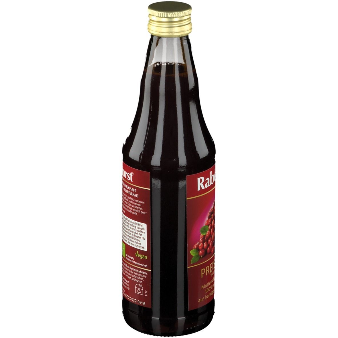 Rückansicht einer Glasflasche mit rotem Saft. Etikett mit Text. BIO-Siegel. Goldfarbener Verschluss.