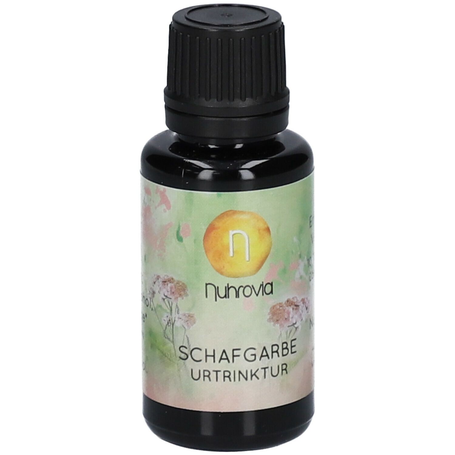 Flacon en verre brun avec bouchon noir. Étiquette avec nom du produit et logo. Fond floral.