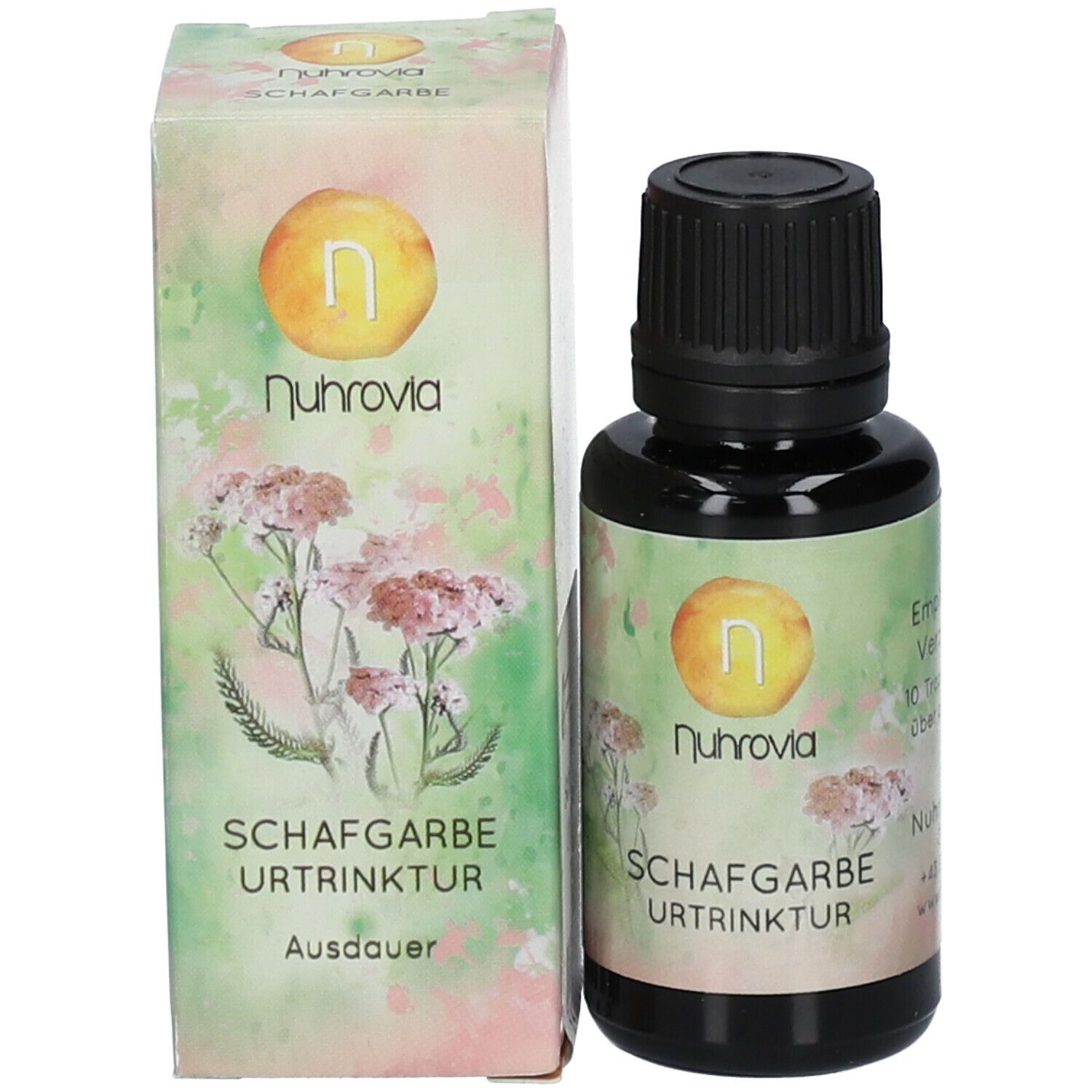 Flacon et emballage du produit. Flacon avec bouchon noir, emballage avec motif floral et nom du produit.