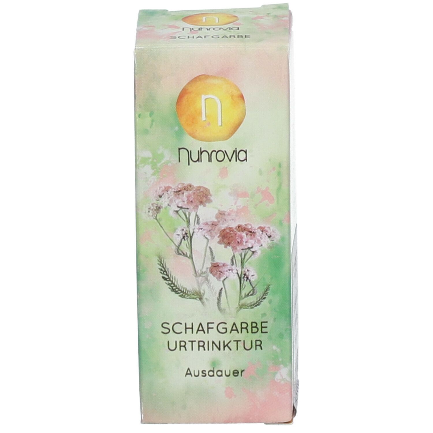 Emballage du produit. Boîte rectangulaire avec motif floral et nom du produit. Texte en allemand.