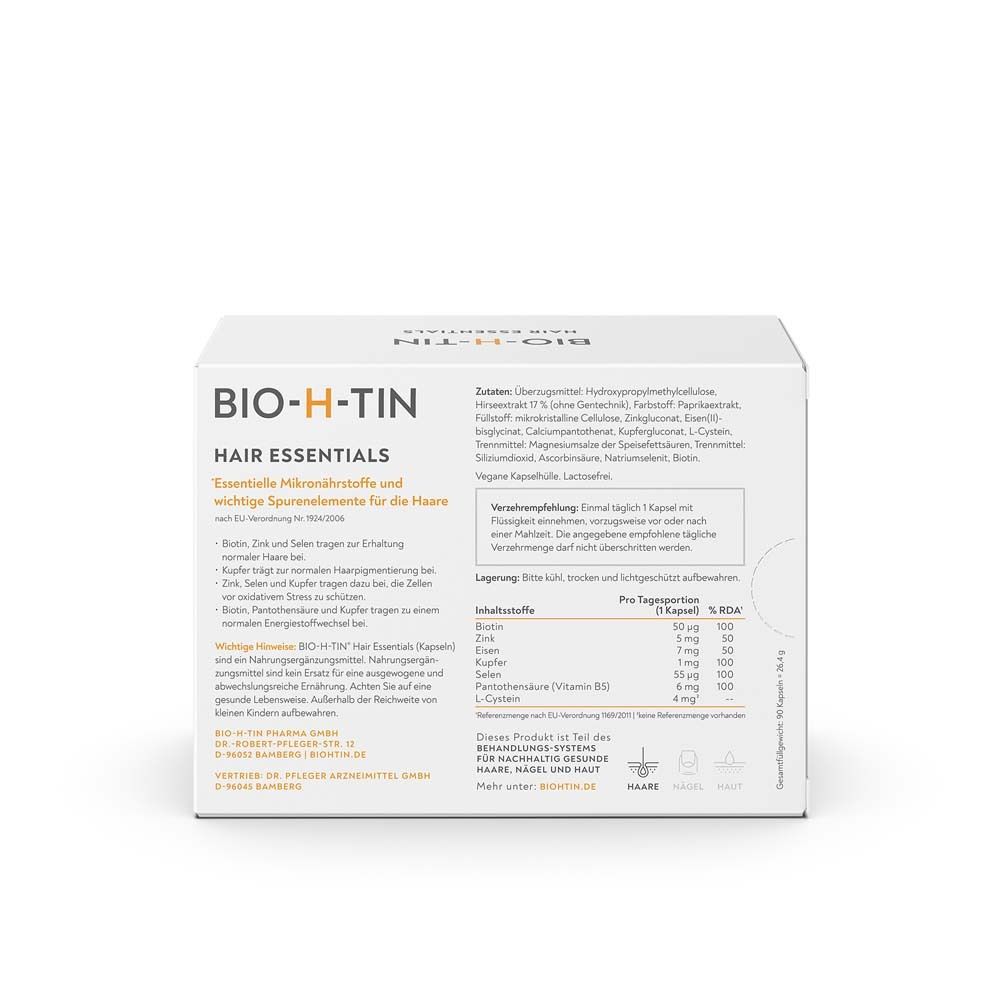 Rückseite der BIO-H-TIN Hair Essentials-Verpackung. Enthält Informationen zu Inhaltsstoffen, Nährwerten und Lagerung. Weißer Hintergrund.