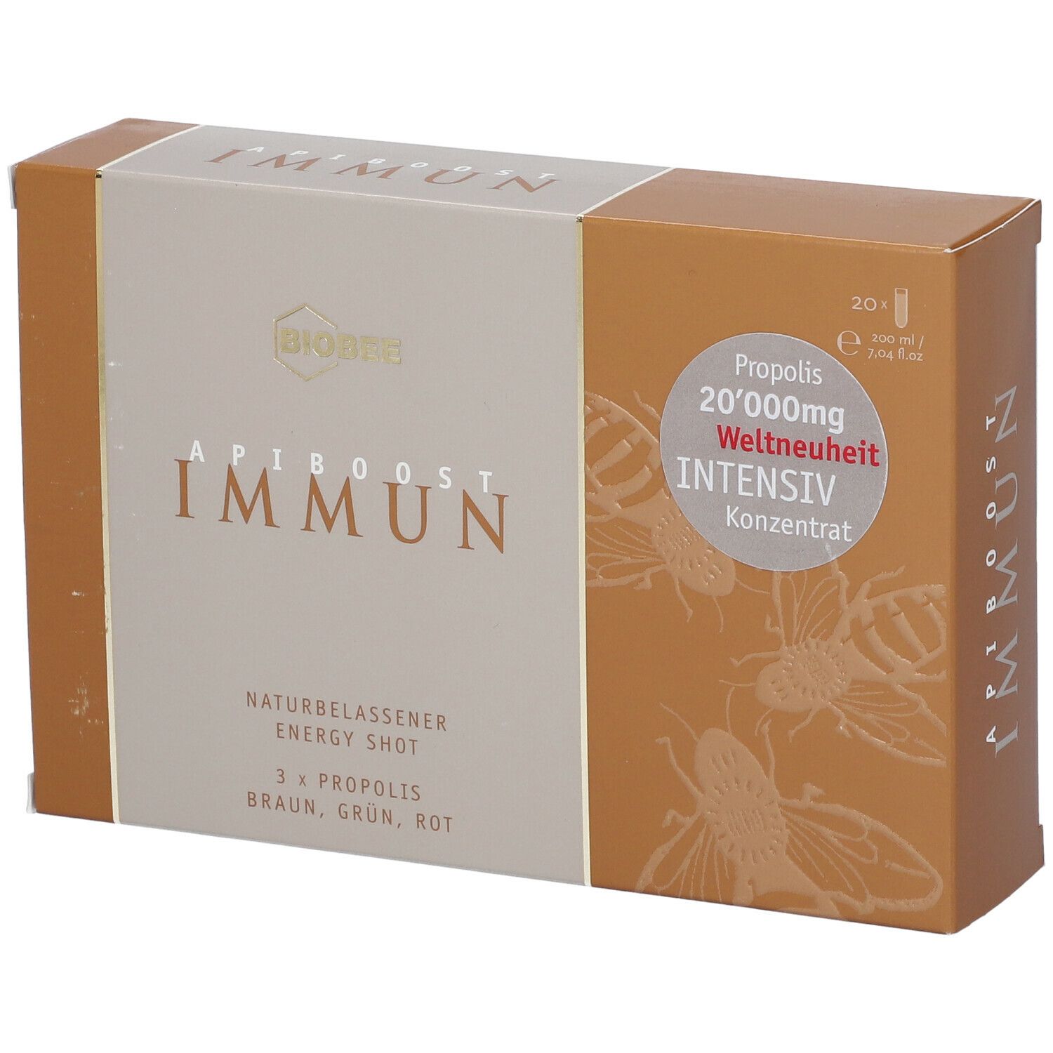 BIOBEE® ApiBoost Immun, Karton. Aufschrift: IMMUN, ApiBoost, 20 Trinkampullen, Propolis 20.000mg.