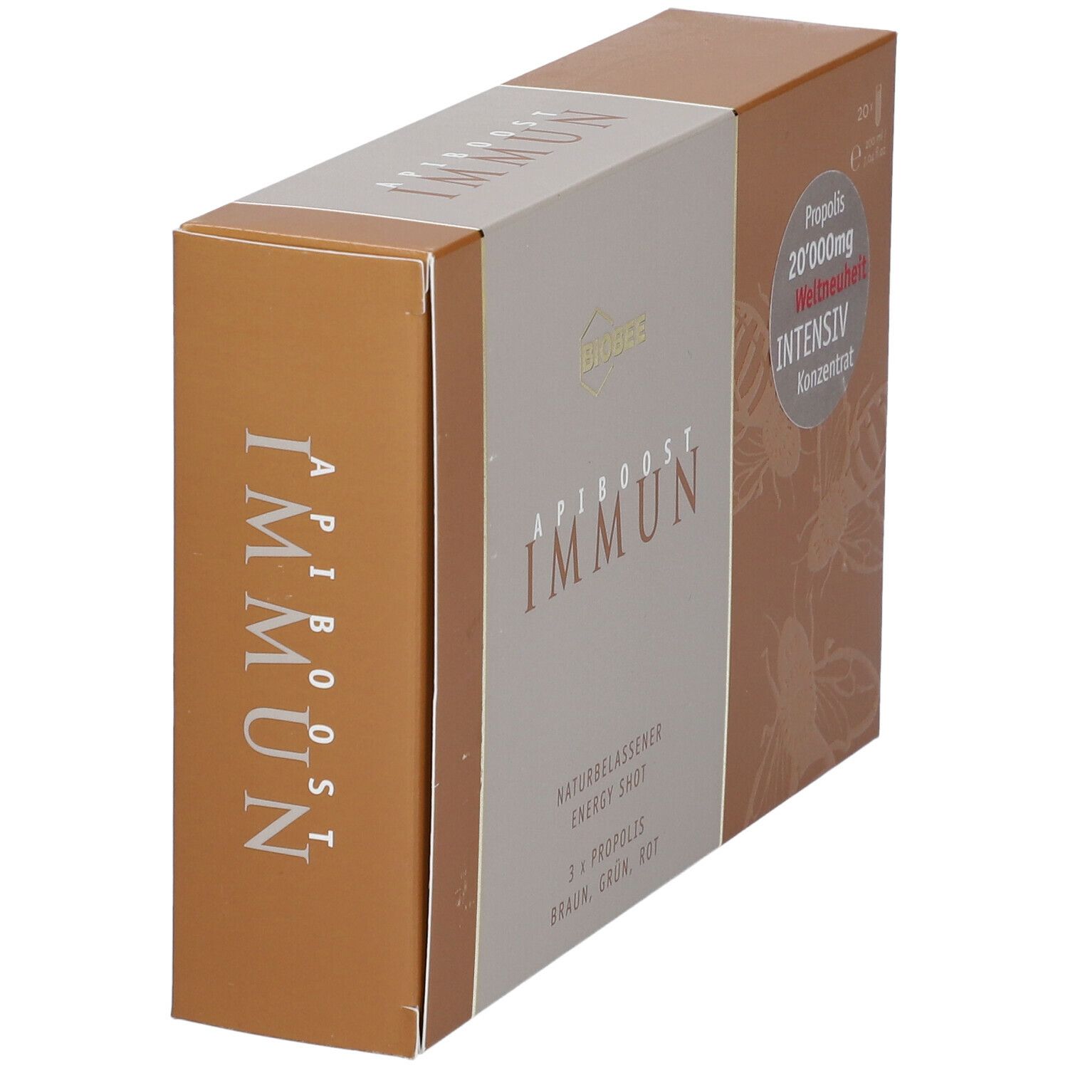 BIOBEE® ApiBoost Immun Karton, schräg. Aufschrift: IMMUN, ApiBoost, 20 Trinkampullen, Propolis 20.000mg.