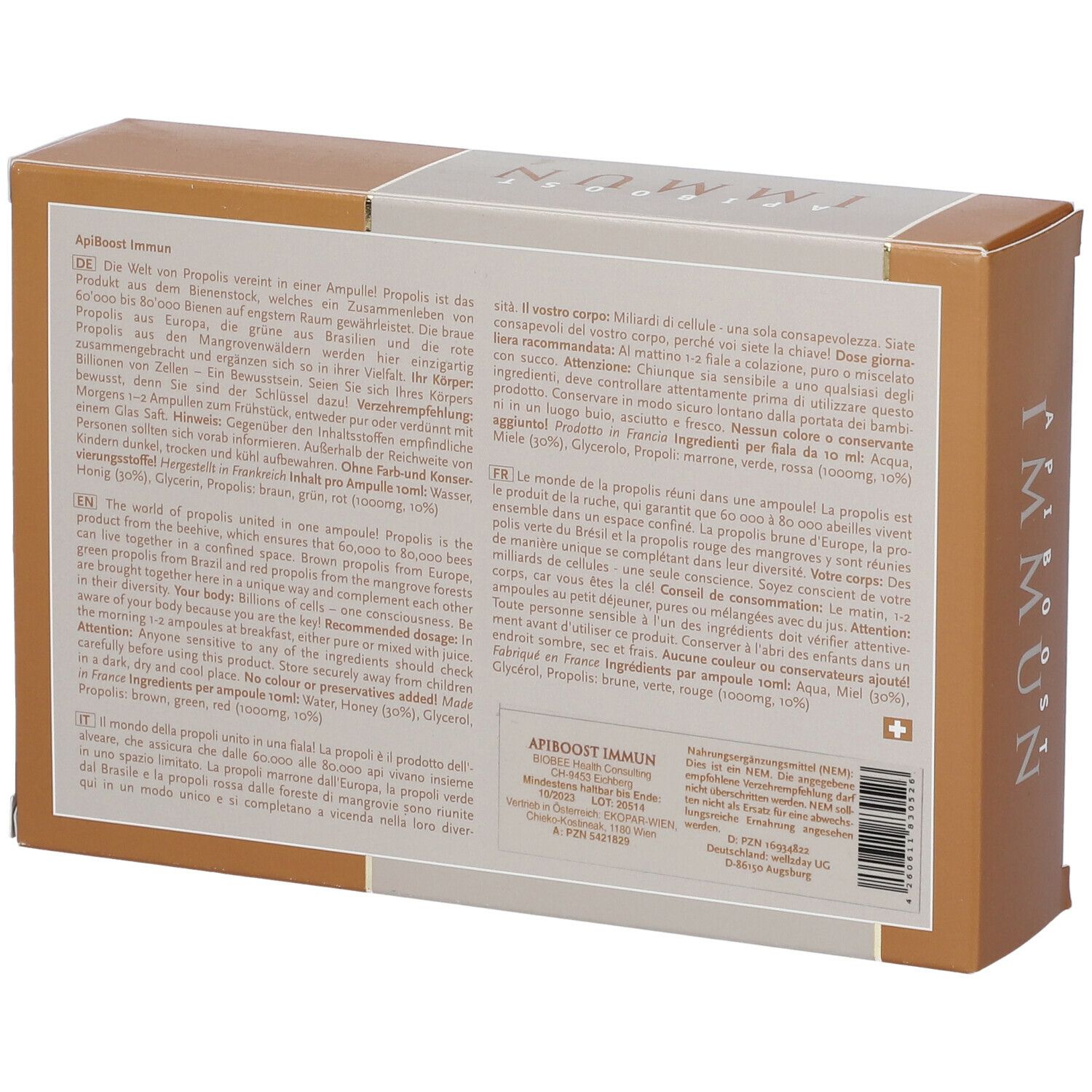 Rückseite der BIOBEE® ApiBoost Immun Verpackung. Text in Deutsch, Italienisch, Französisch. Zutatenliste.