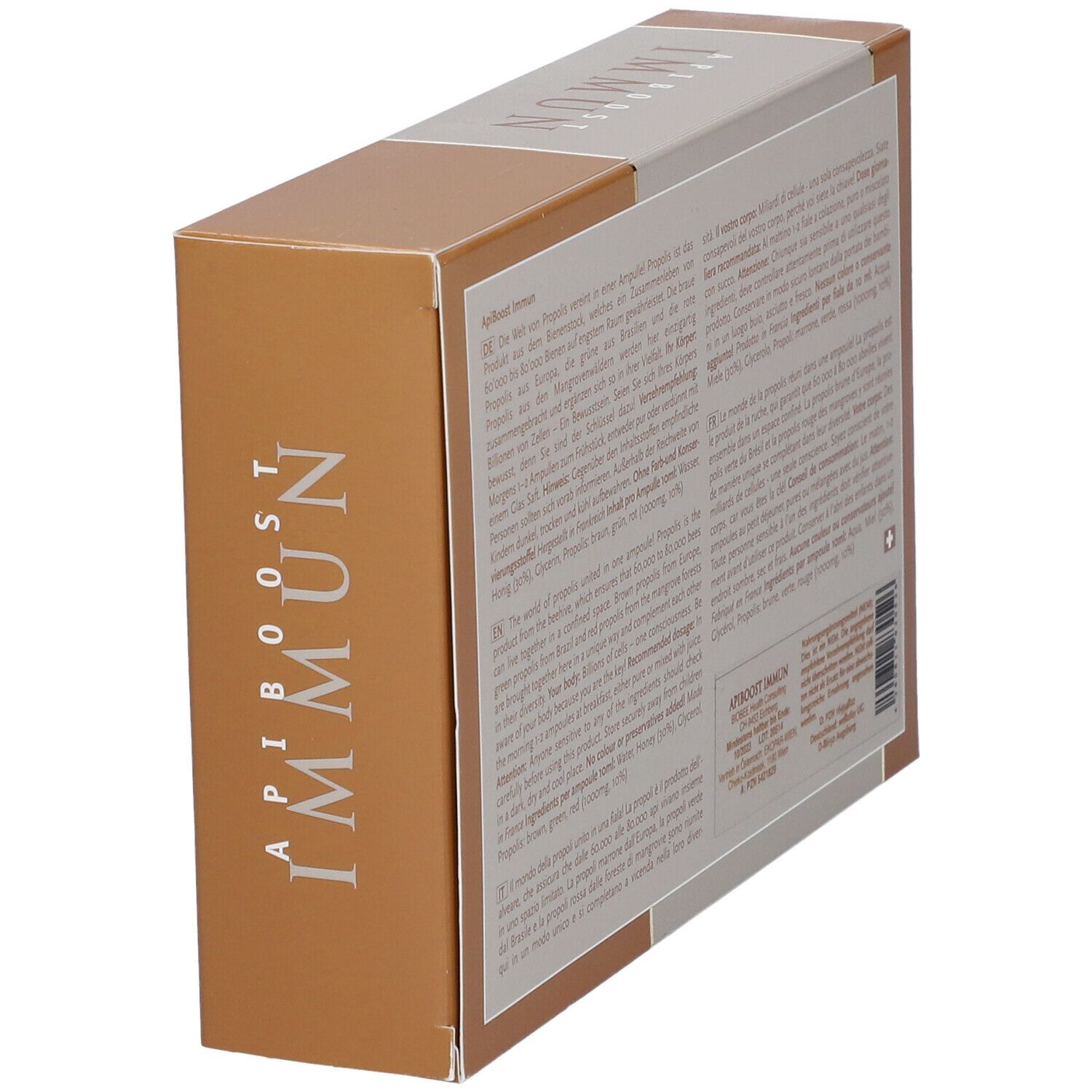 BIOBEE® ApiBoost Immun Verpackung, schräg. Text in Deutsch, Italienisch, Französisch. Zutatenliste.