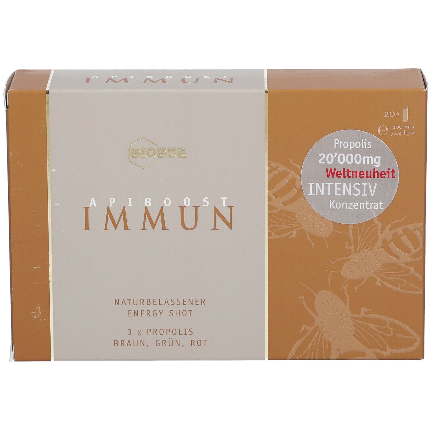 BIOBEE® ApiBoost Immun Karton. Aufschrift: IMMUN, ApiBoost, 20 Trinkampullen, Propolis 20.000mg.