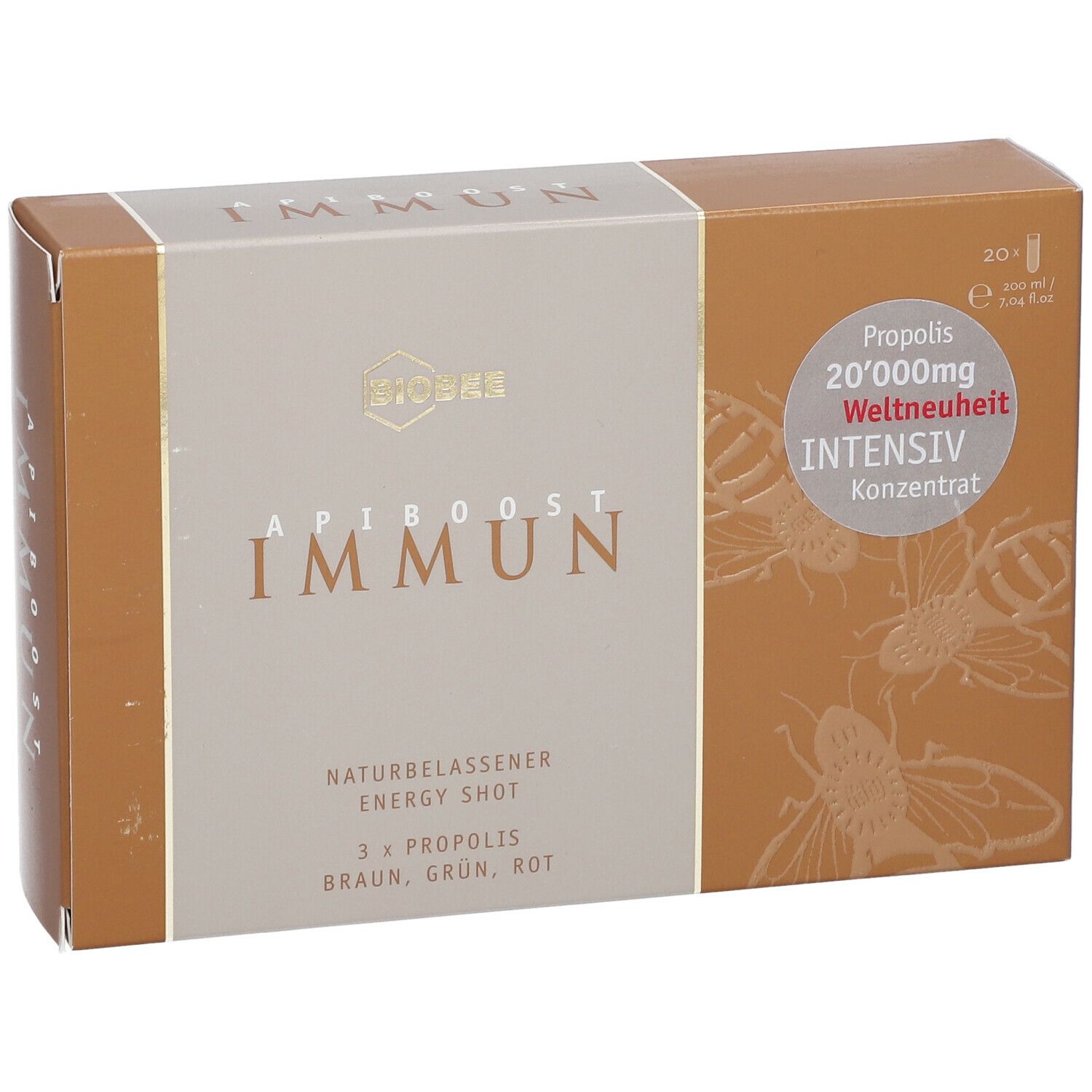 BIOBEE® ApiBoost Immun Karton. Aufschrift: IMMUN, ApiBoost, 20 Trinkampullen, Propolis 20.000mg.