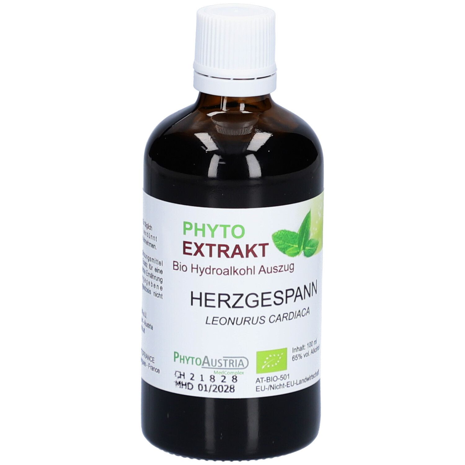Braune Glasflasche mit weißem Deckel und Etikett. Aufschrift: Phyto Extrakt Herzgespann. Bio-Siegel.