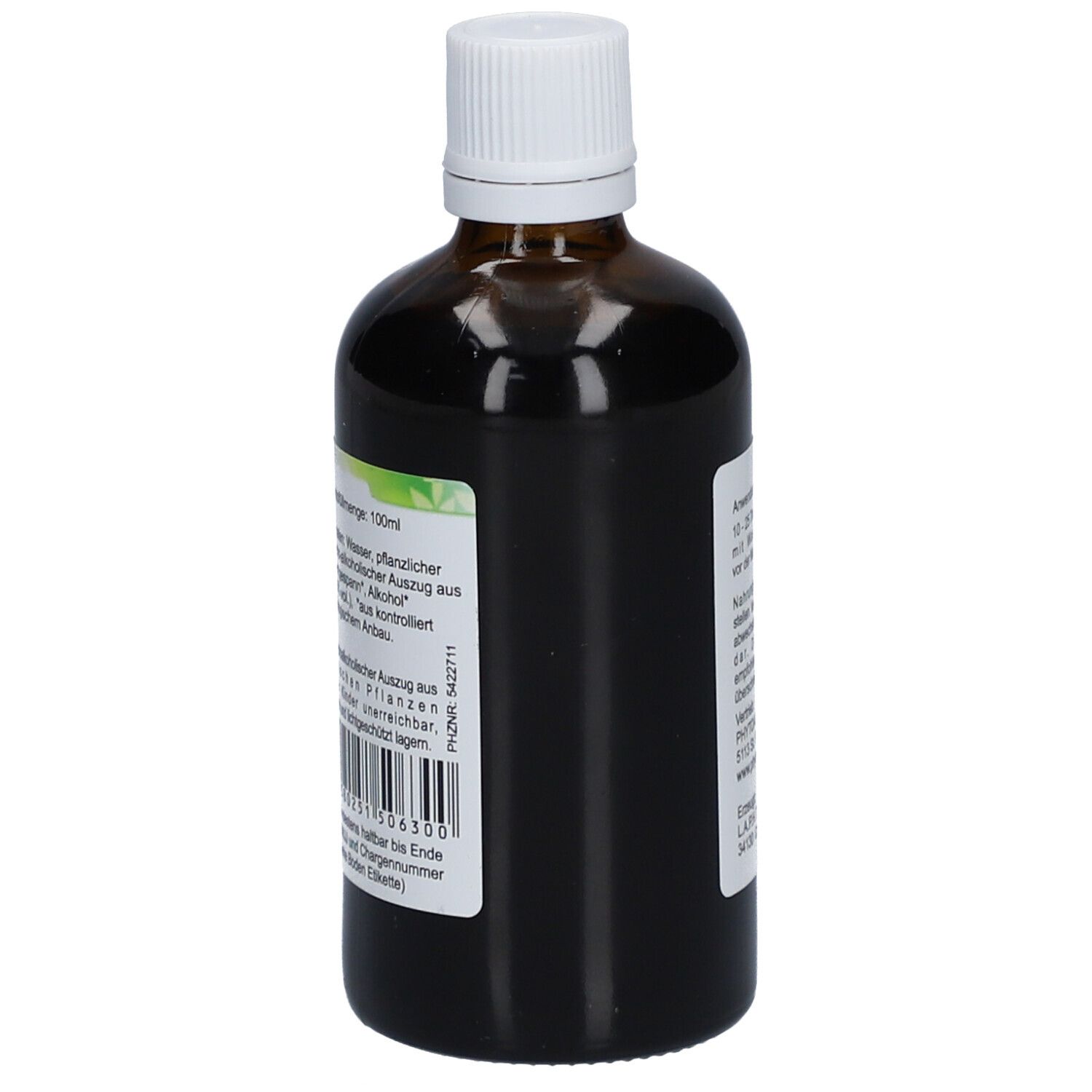 Braune Glasflasche mit weißem Deckel. Etikett mit Inhaltsstoffen und Chargennummer. Barcode.