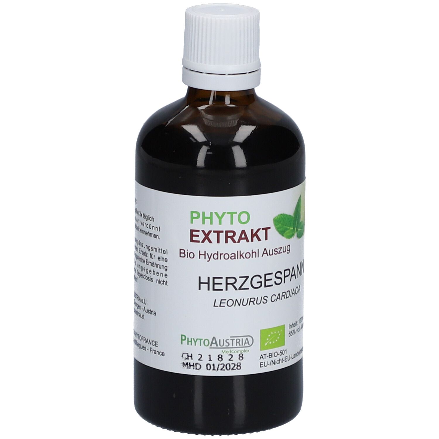 Braune Glasflasche mit weißem Deckel. Etikett mit Produktnamen und Bio-Siegel. Vorderansicht.