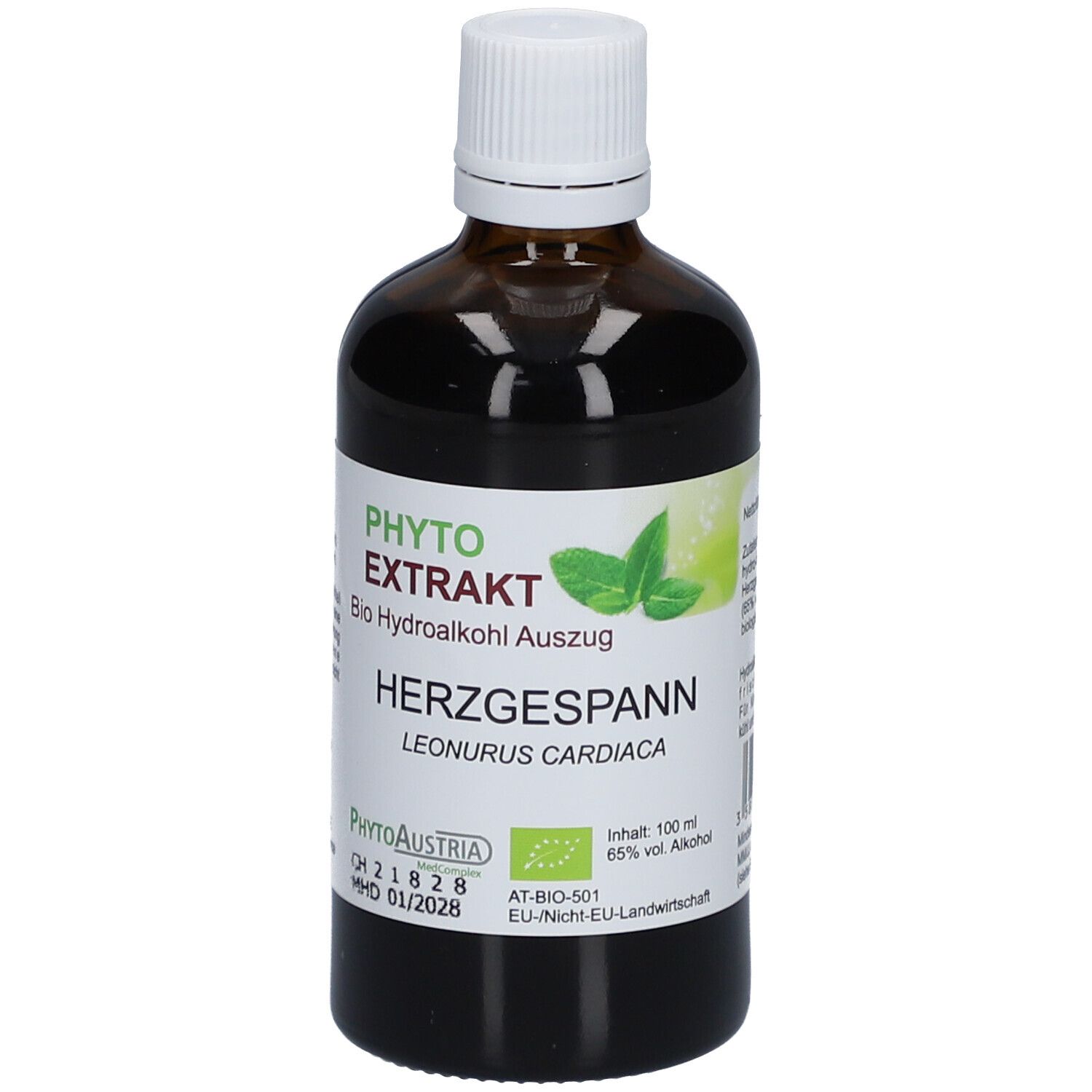 Braune Glasflasche mit weißem Deckel. Etikett mit Produktinformationen und Bio-Siegel. 100 ml.
