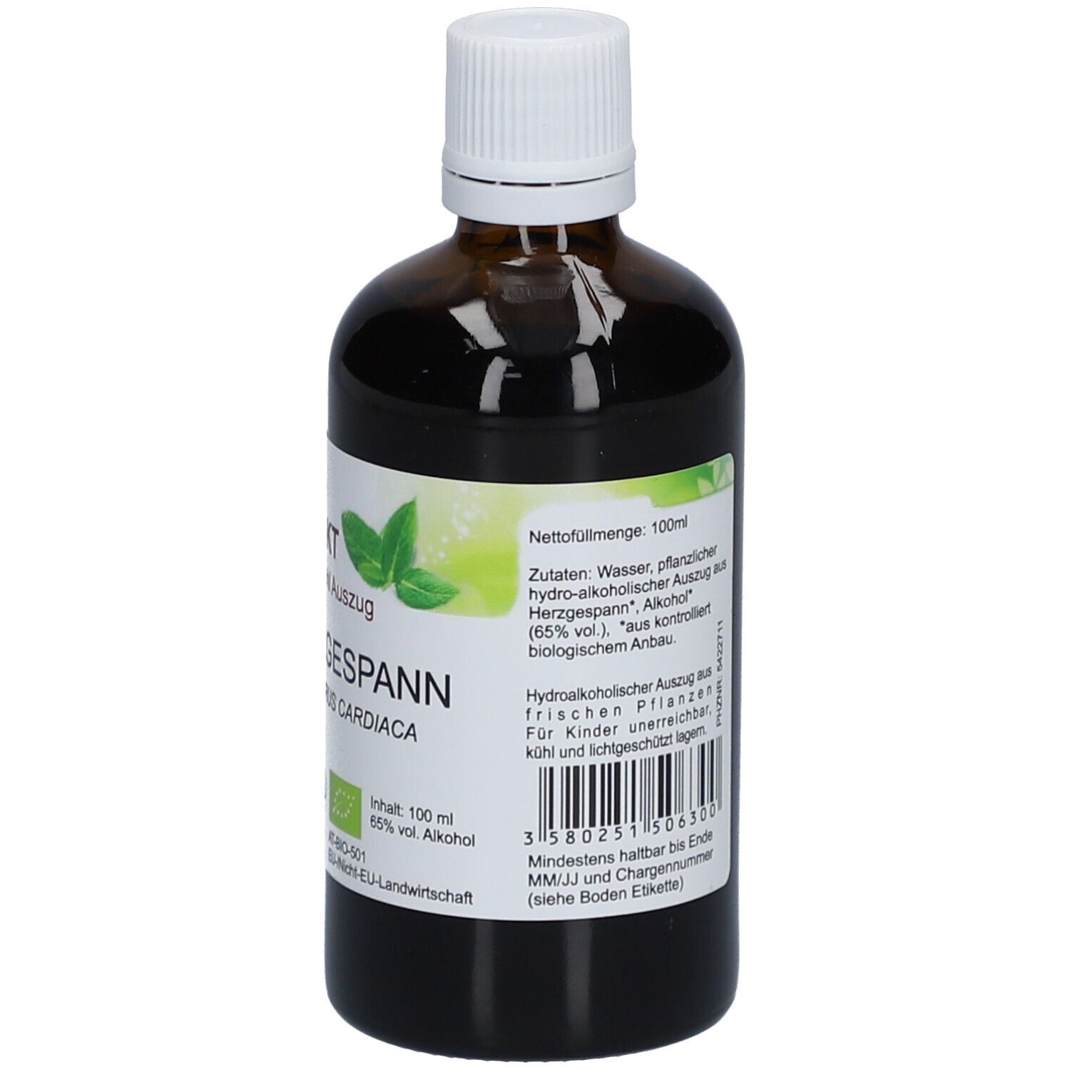 Braune Glasflasche mit weißem Deckel. Etikett mit Produktinformationen, 100 ml, 65 % Vol. Alkohol.