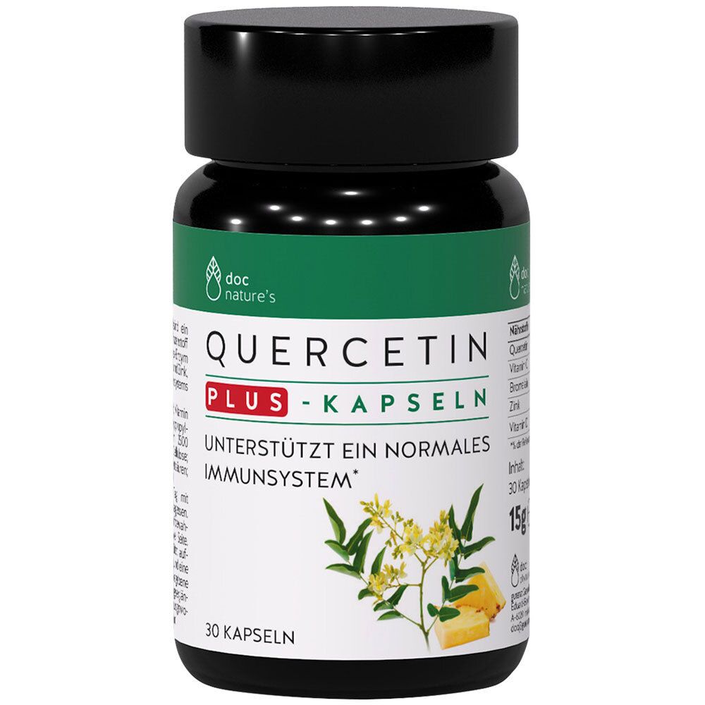 Dunkle Flasche mit grünen und weißen Etiketten. Aufschrift: QUERCETIN PLUS - KAPSELN. 30 Kapseln. Illustration von Pflanzen.