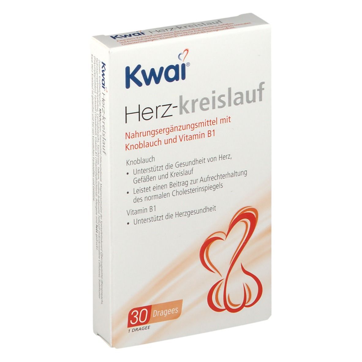 Kwai Herz-Kreislauf, Packung mit 30 Dragees. Enthält Knoblauch und Vitamin B1. Weißes Rechteck mit Produktinformationen.