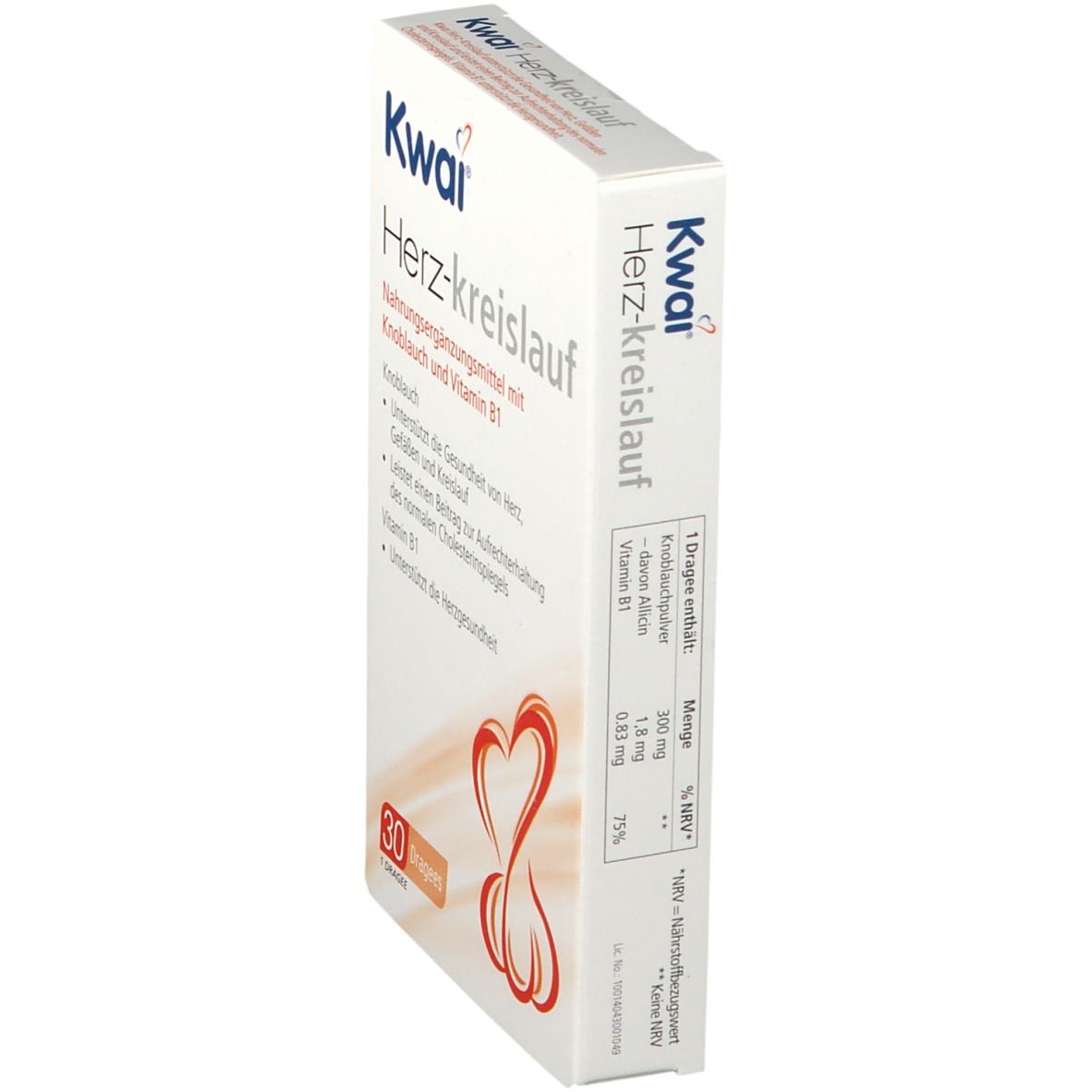 Kwai Herz-Kreislauf, Packung mit 30 Dragees. Schrägansicht. Enthält Knoblauch und Vitamin B1. Weißes Rechteck mit Text.