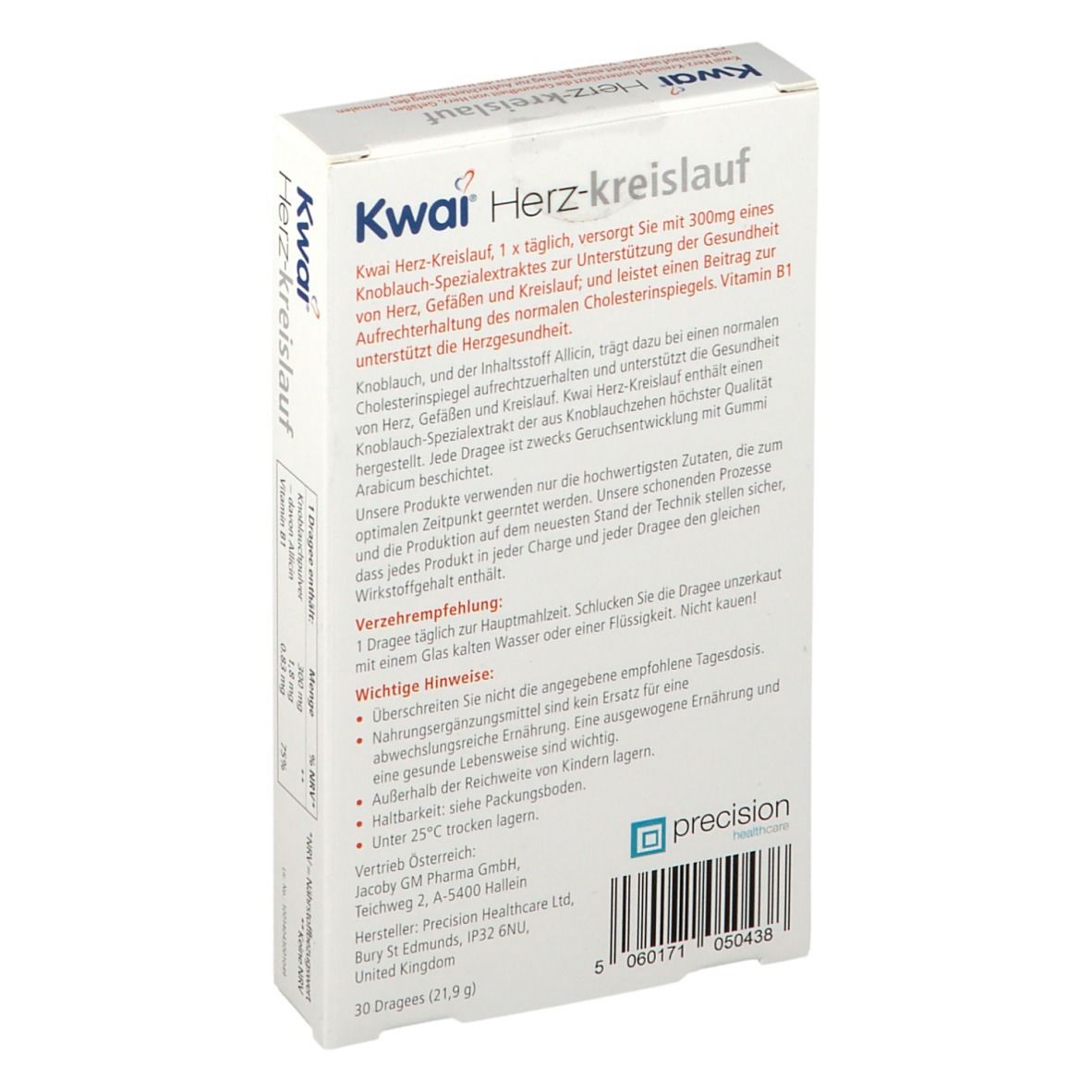 Kwai Herz-Kreislauf, Packungsrückseite mit Text. Enthält Knoblauch und Vitamin B1. Weißes Rechteck mit Produktinformationen.