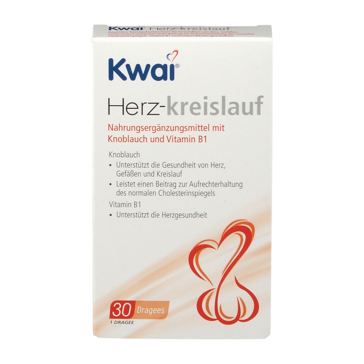 Kwai Herz-Kreislauf, Packung mit 30 Dragees. Enthält Knoblauch und Vitamin B1. Weißes Rechteck mit Produktinformationen.