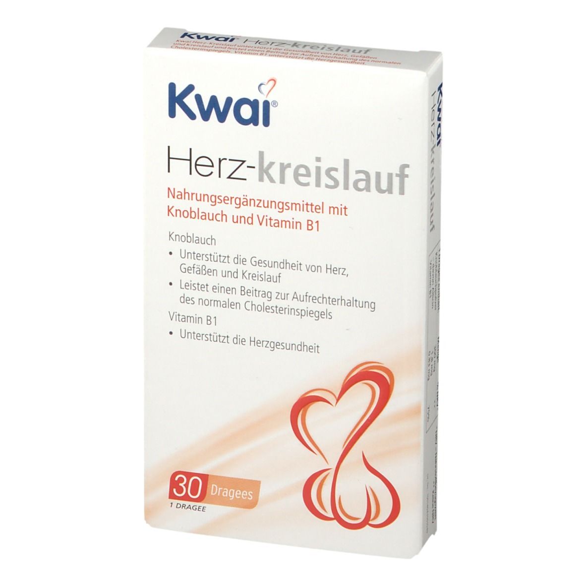 Kwai Herz-Kreislauf, Packung mit 30 Dragees. Enthält Knoblauch und Vitamin B1. Weißes Rechteck mit Produktinformationen.