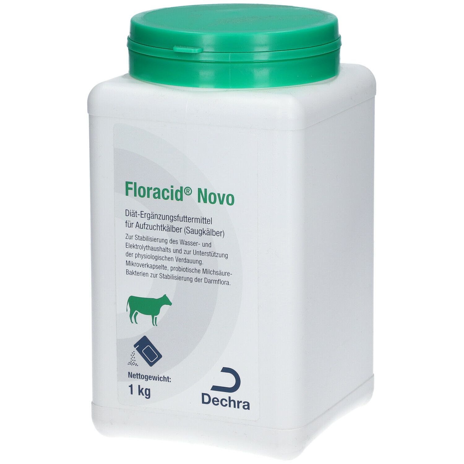 Weißer, quadratischer Behälter mit grünem Deckel. Aufschrift: Floracid® Novo. Logo und Text in deutscher Sprache. 1 kg.